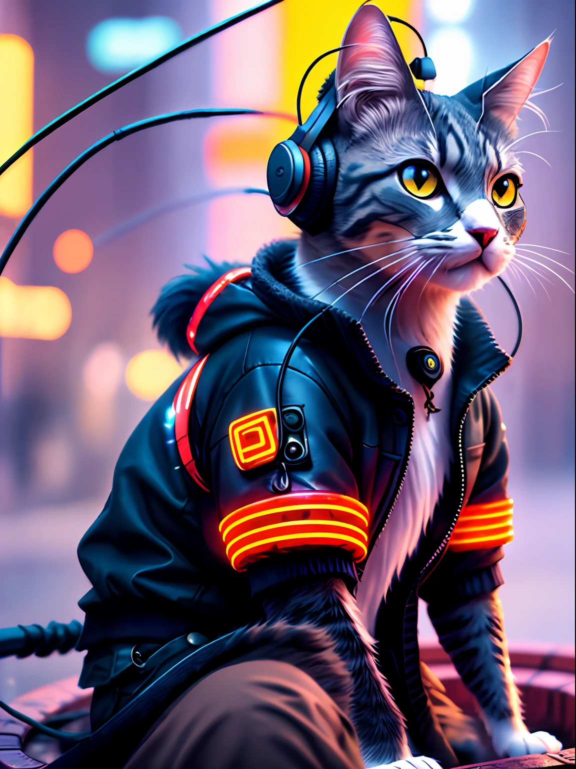 A cat with headphones and a jacket is sitting on a large lily leaf in a fountain. Cyberpunk and post-Soviet modernism  style themed. closeup view, neon lights., Pop art, Pixar, three sided view, UHD, anatomically correct, textured skin, super detail, high quality, 4K