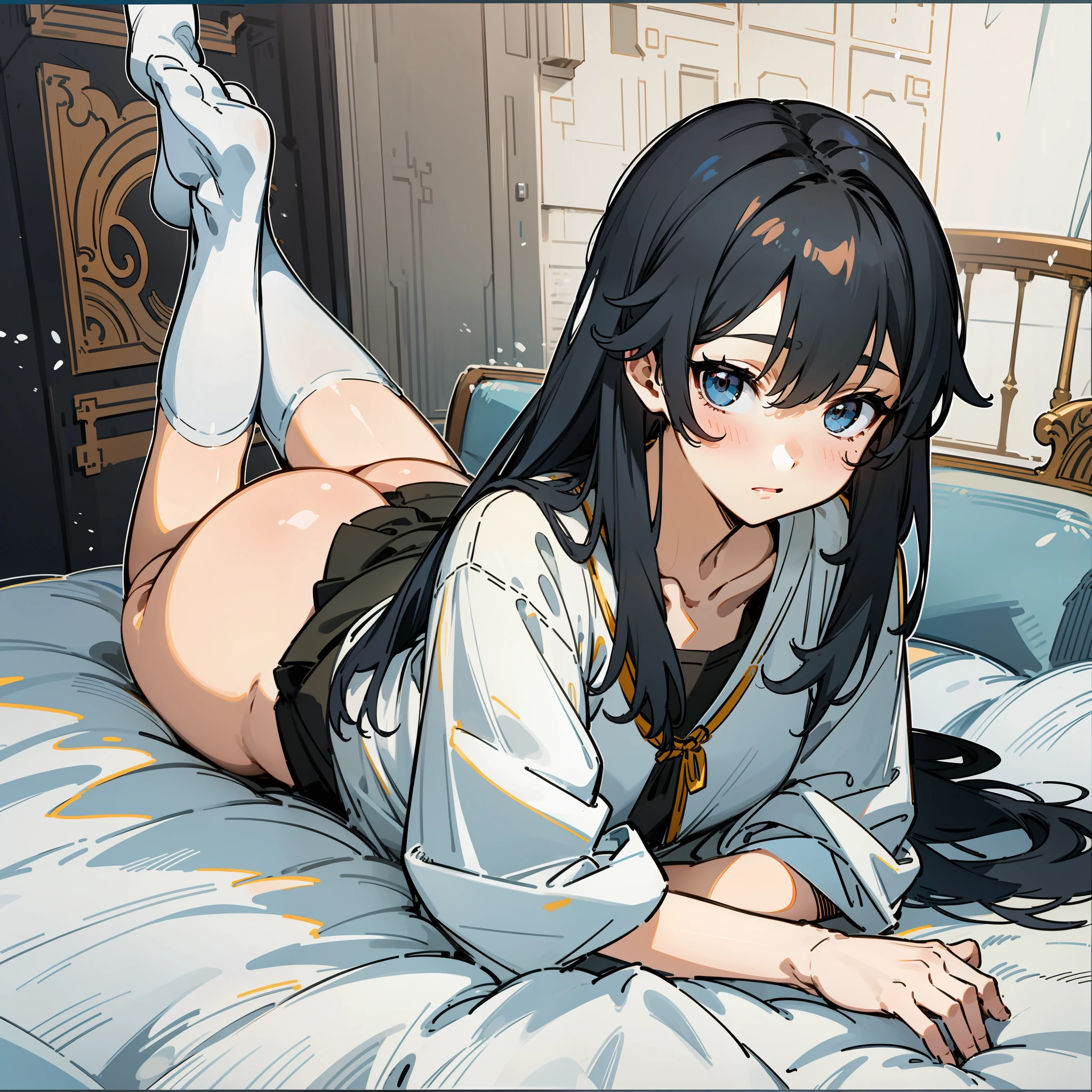 Yukino under the snow,The hair color is black,The hairstyle is black long and straight,The eyes are gray and agile,The facial features are delicate and cute,The figure is slender and slender,The chest is not large,The buttocks are upturned,The legs are rounded and slender,He wears black knee-length socks on his legs,He wears a white loose shirt,The expression is shy,sit on a bed,The bed is white,Whole body diagram。