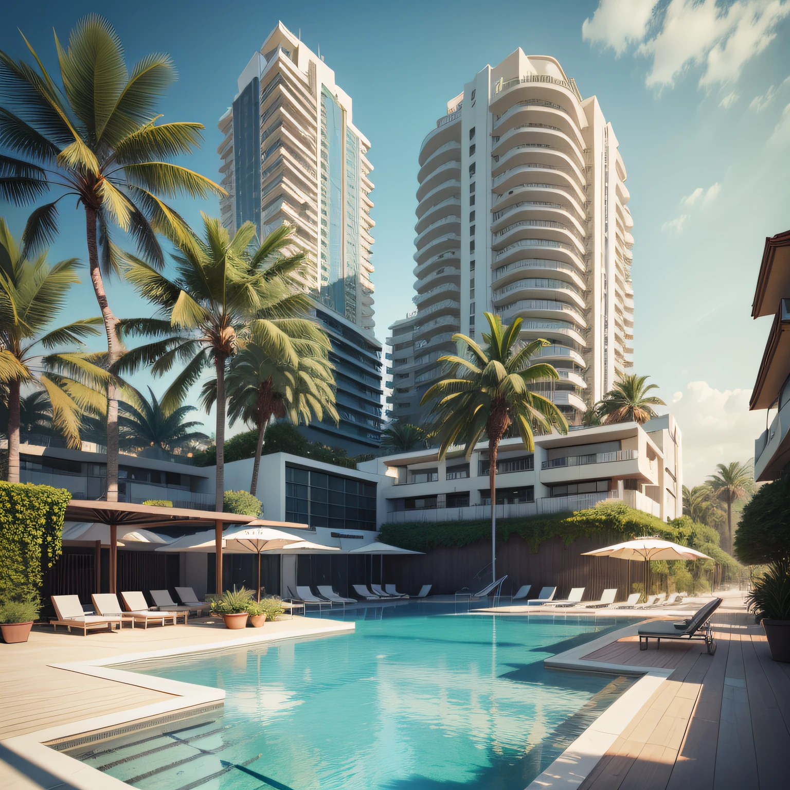 Grande hotel, Arquitetura futurista, building in the background, Building with grandevlawdo on the beach, Arquitetura moderna, grande piscina em frente ao hotel, restaurante interior com grandes fachadas em vidro, grandes candeeiros no interior, lots of vegetation around, hotel com 120 quartos, Arquitetura moderna, organic architecture, Geometria luxuosa, hiper-realista, Fantastic 8K architecture, UHD — AR 16:
