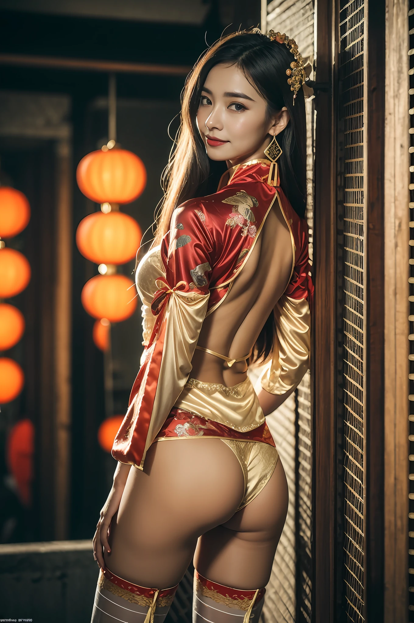 (((long Traditional Chinese costumes outfit comes off))),(((view full body))),(((glamorous body shape))),(((bare inner thigh)))、(((show side breast))),(((detached sleeves))),(((over-kneehighs))),ulzzang-6500-v1.1, (Raw photo:1.2), (Photorealsitic:1.4), a beautiful detailed girl, extremely detailed eye and face, beautiful detailed eyes, ultra-detailed, High resolution, top-quality, ​masterpiece, ighly detailed, 8k wallpaper, magnifica, finely detail, top-quality, Light on the face,电影灯光,1girl in,(Kowloon City),Beautiful eyes,a smile,Opening Mouth、Bite into your panties、Lace-rimmed panties