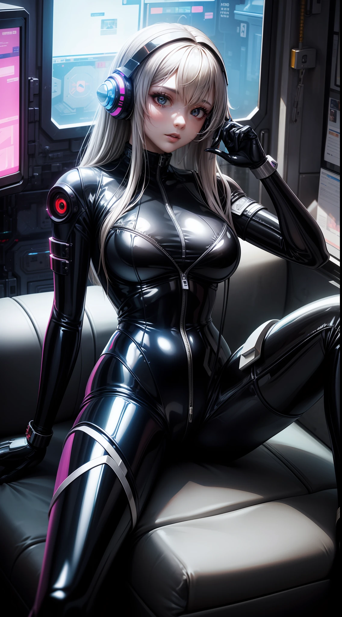 An Alfid woman in a shiny latex suit sits on the space station, wlop glossy skin, futuristic glossy latex suit, cyberpunk glossy latex suit, trending on cgstation, perfect android girl, shiny metallic glossy skin, CGsociety masterpiece, [ trending on CGSociety ]!!, an oppai cyberpunk, dreamy cyberpunk girl, gynoid body, Cute cyborg girl