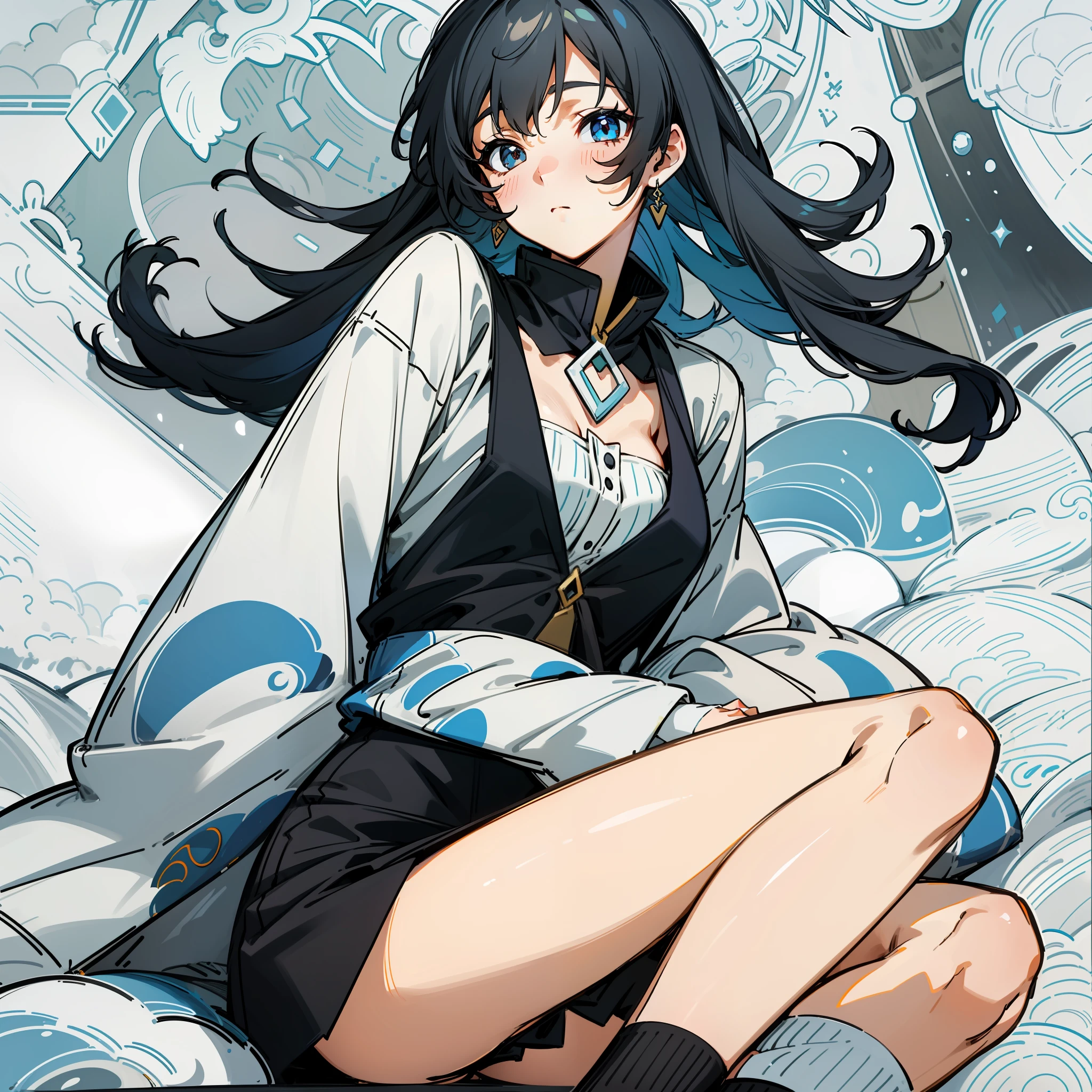 Yukino under the snow，The hair color is black，The hairstyle is black long and straight，The eyes are gray and agile，The facial features are delicate and cute，The figure is slender and slender，The chest is not large，The buttocks are upturned，The legs are rounded and slender，He wears black knee-length socks on his legs，He wears a white loose shirt，The expression is shy，Lie on your back on the bed，The bed is white，Whole body diagram。