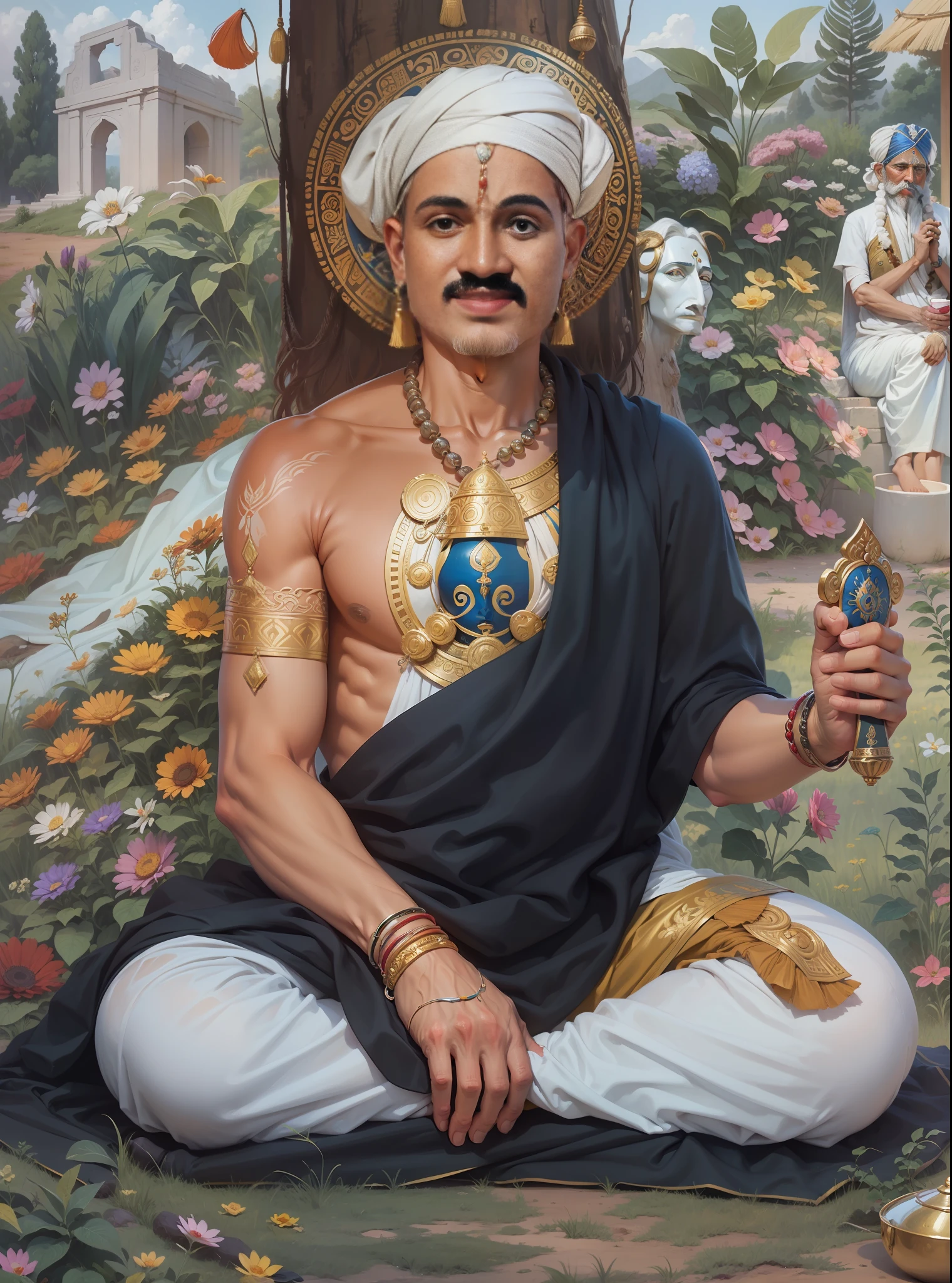 painting of 50 years old man sitting in a field, ashoka tano, inspired by Ram Chandra Shukla, inspired by Raja Ravi Varma, attractive male deity, inspired by Kailash Chandra Meher, ditigal painting, padmasana, szukalski ravi varma, by Raja Ravi Varma, indian god, sukhasana