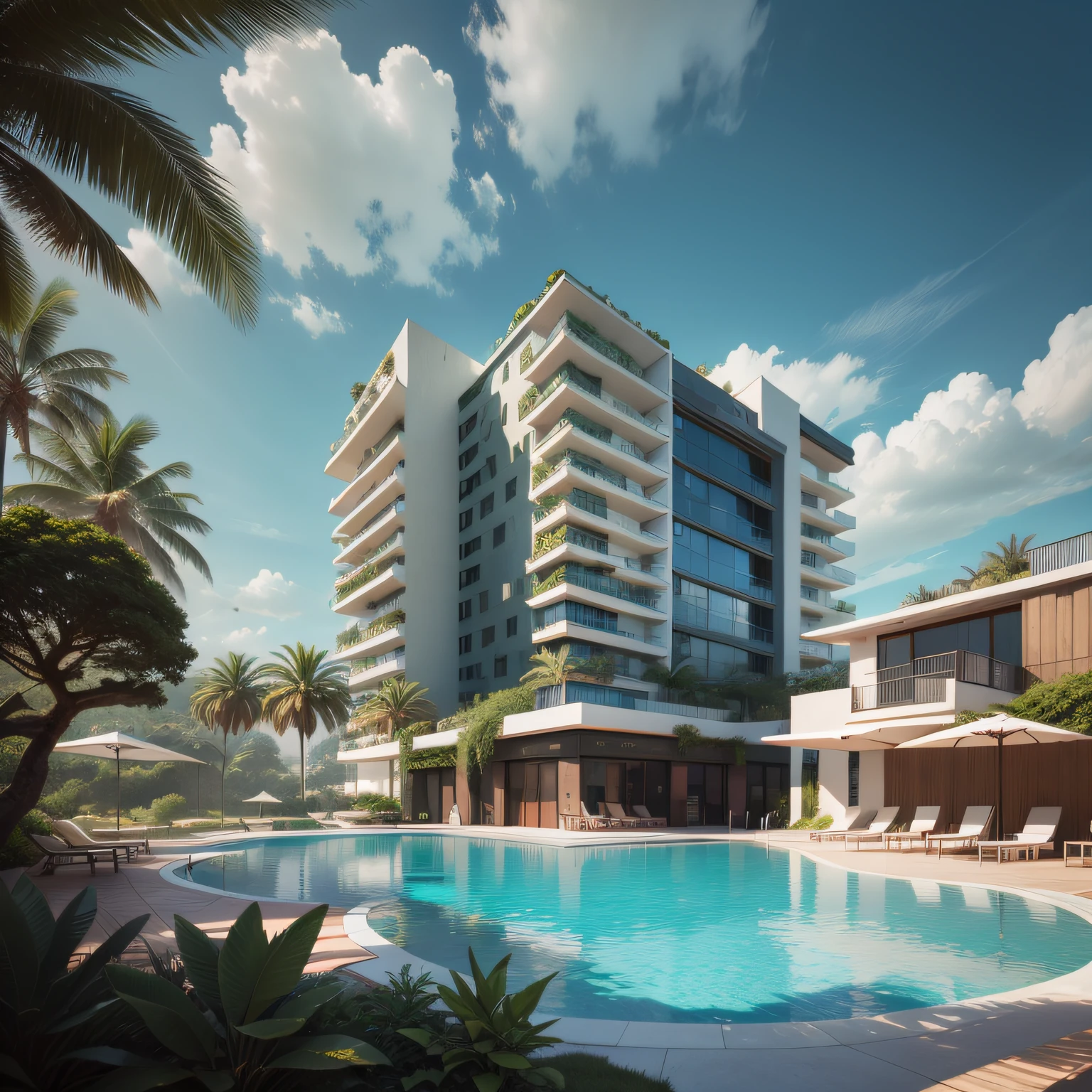 Grande hotel, Arquitetura futurista, building in the background, Building with grandevlawdo on the beach, Arquitetura moderna, grande piscina em frente ao hotel, restaurante interior com grandes fachadas em vidro, grandes candeeiros no interior, lots of vegetation around, hotel com 120 quartos, Arquitetura moderna, organic architecture, Geometria luxuosa, hiper-realista, Fantastic 8K architecture, UHD — AR 16: