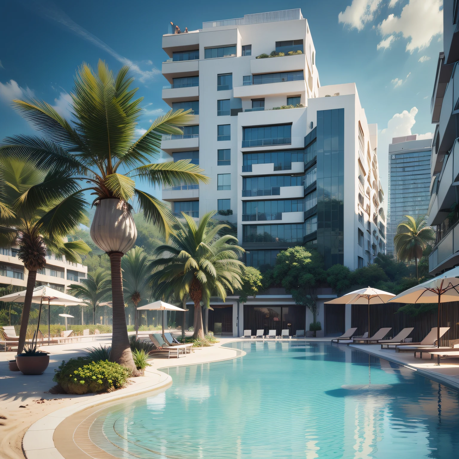 Grande hotel, Arquitetura futurista, building in the background, Building with grandevlawdo on the beach, Arquitetura moderna, grande piscina em frente ao hotel, restaurante interior com grandes fachadas em vidro, grandes candeeiros no interior, lots of vegetation around, hotel com 120 quartos, Arquitetura moderna, organic architecture, Geometria luxuosa, hiper-realista, Fantastic 8K architecture, UHD — AR 16: