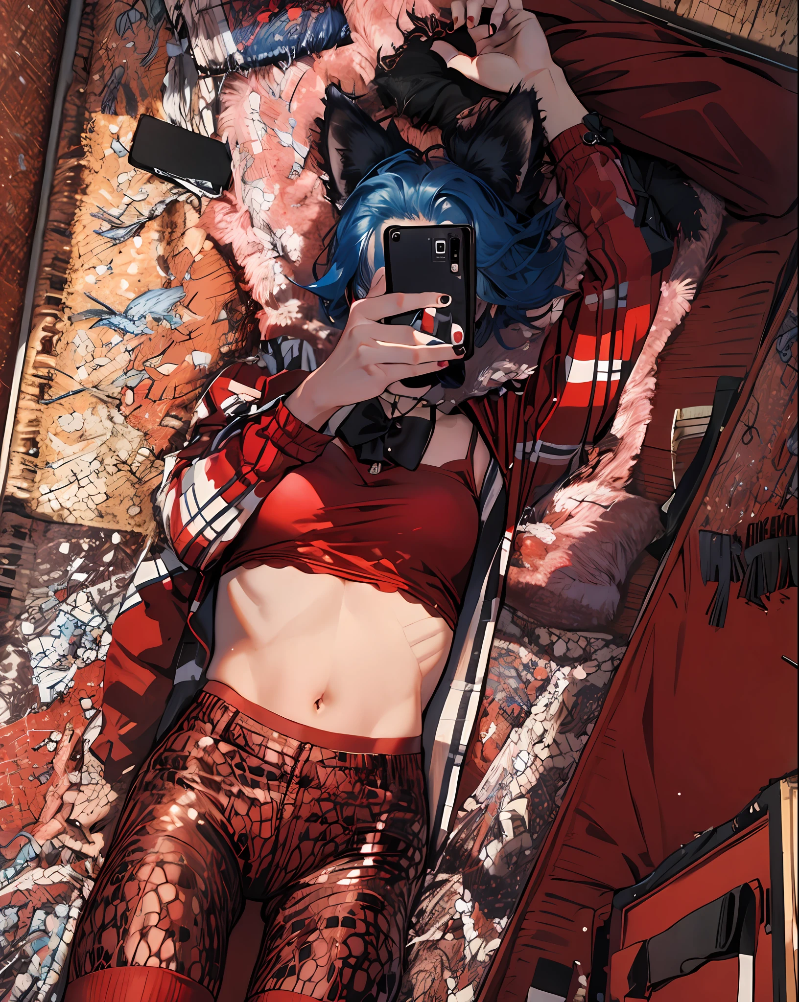 Young woman 25 years old: 1.3, short blue hair: 1.2, ccurate, Super detail, textured skin, High detail, Best quality, 8k, lying on bed selfie shot, kitten ears, red sockings, red pants, red shirt, black bra