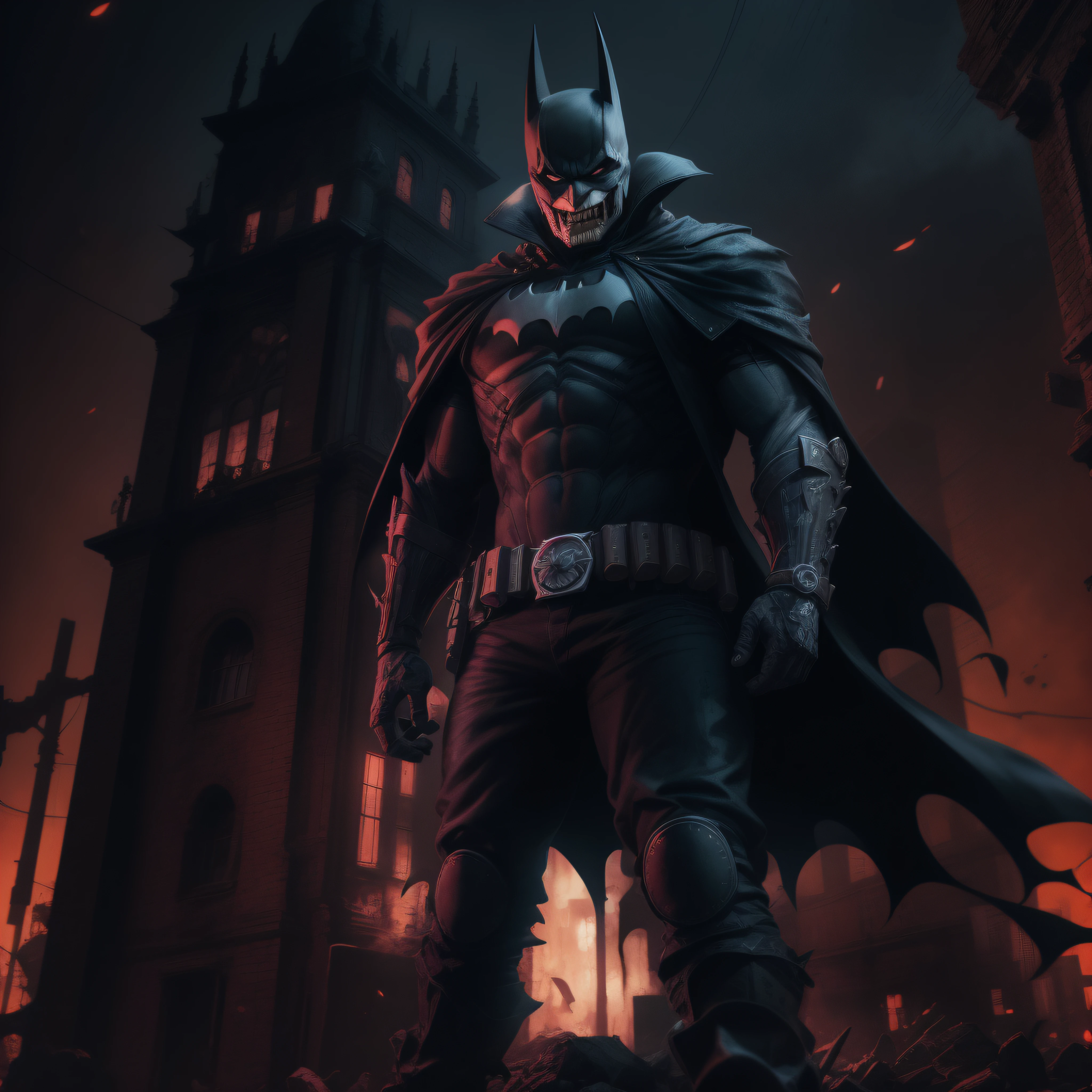 extremely detailed CG unity 8k wallpaper, masterpiece, best quality, ultra-detailed, gritty and dark, Batman who Laughs, menacing expression, twisted grin, blood-red eyes, night sky, Gothic architecture, shadows and silhouettes, dramatic lighting, eerie atmosphere, intense action, comic book style.