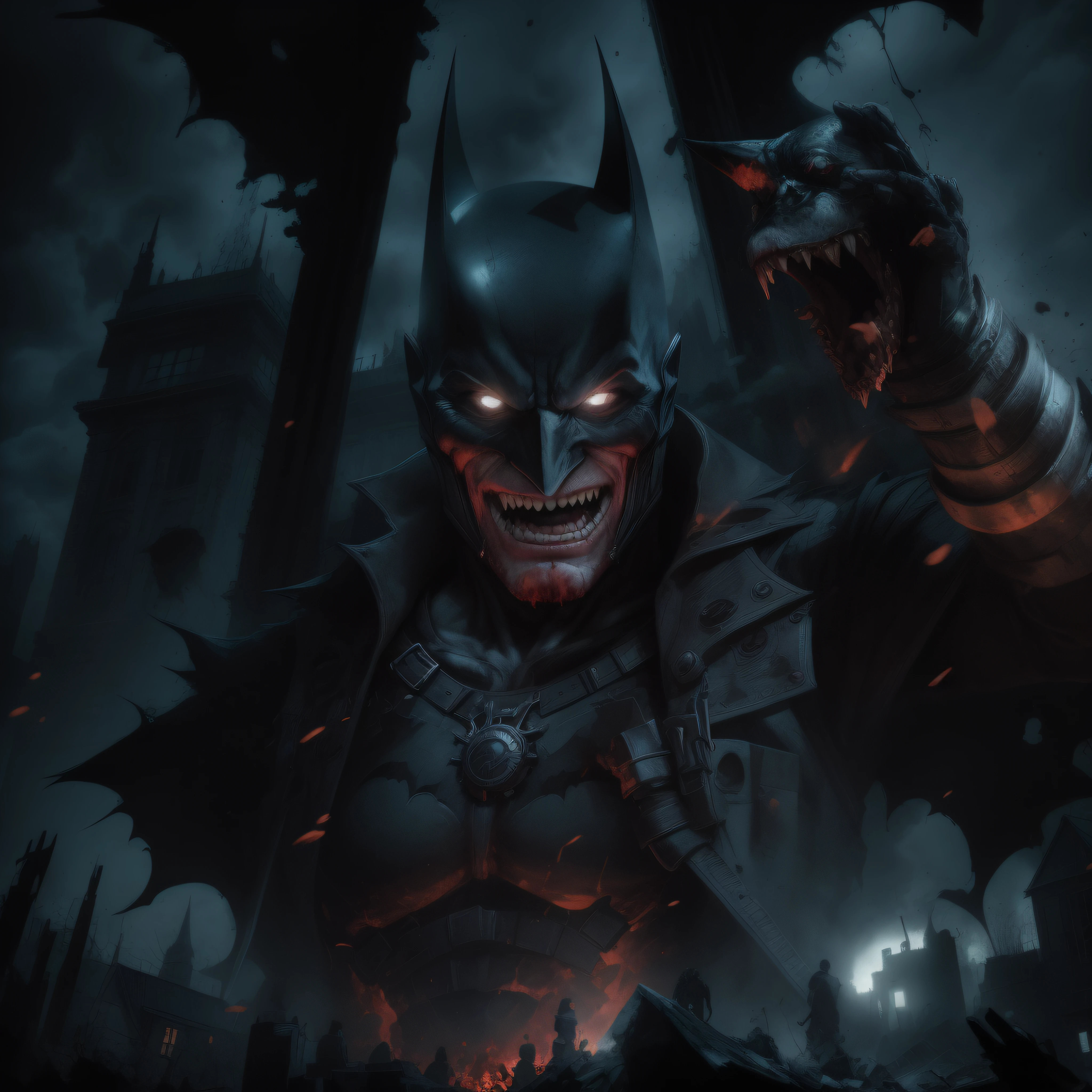 extremely detailed CG unity 8k wallpaper, masterpiece, best quality, ultra-detailed, gritty and dark, Batman who Laughs, menacing expression, twisted grin, blood-red eyes, night sky, Gothic architecture, shadows and silhouettes, dramatic lighting, eerie atmosphere, intense action, comic book style.