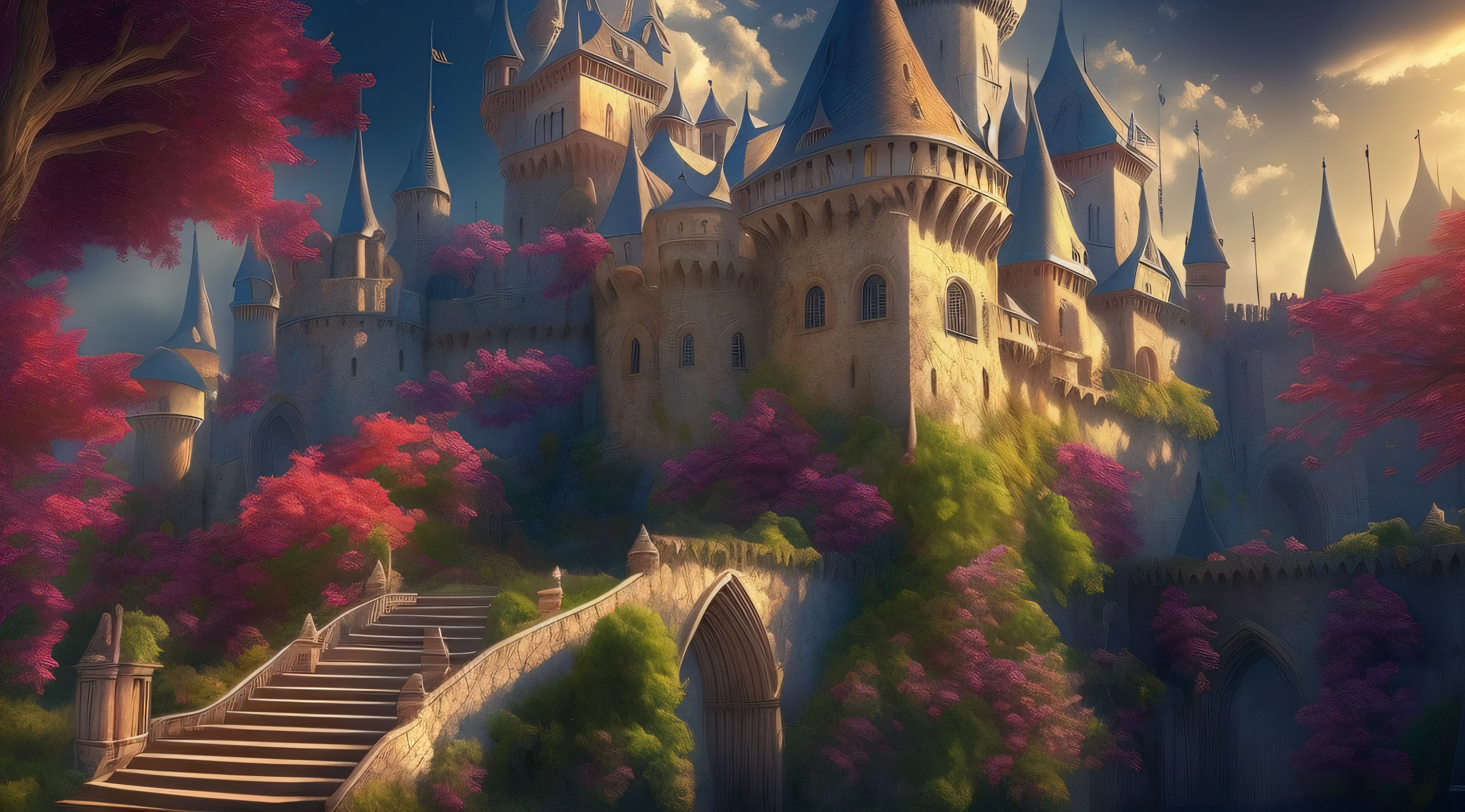 Castle. Medieval fantasy. Epic Reality, (HDR: 1.4), Dappled Sun, Cool Colors, Fantastic Incredible, Epic Composition, (Intricate Details), (Intricate Details, Hyper Details: 1.2), Dynamic ilumination, Volumetric clouds, dynamic shadows, Art Station, (Masterpiece, Best Quality), Night, moon