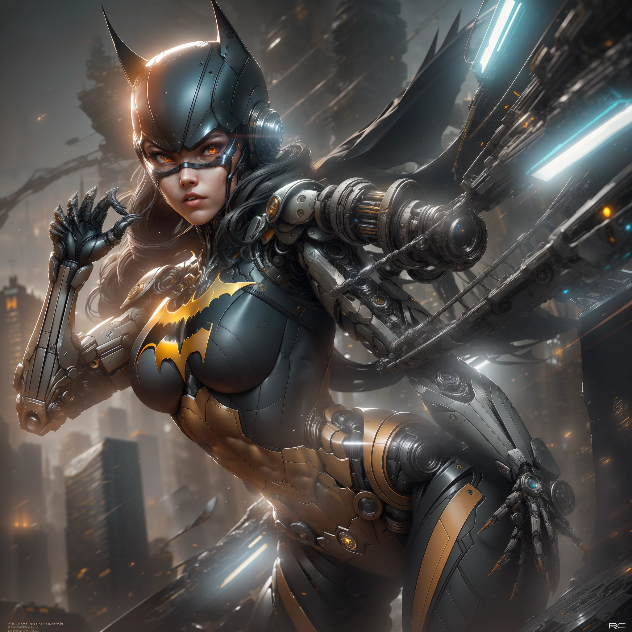 "Hyperrealistic rendering of Batgirl, showcasing her biomechanical suit with intricate robotic details. The composition should emphasize her full figure, with clean and precise lines. The overall visual style should incorporate a cyberpunk aesthetic, reminiscent of a masterpiece featured on Zbrush Central."