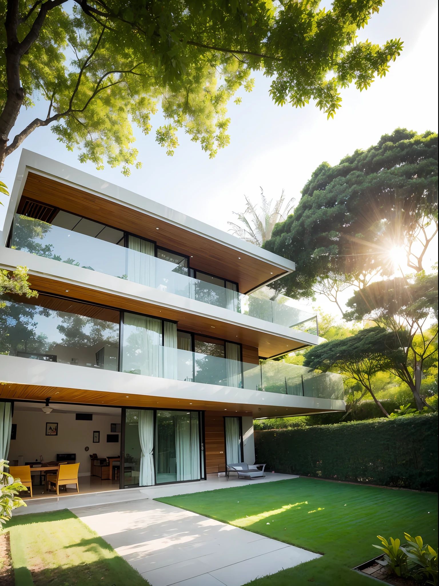 warm，in the afternoon，Slanting sun，florals，the trees，Simple，cozily，naturey，warm，modern day，flying petal，Villas，buliding，modernn architecture，Modern villa，Futuristic，Technologie