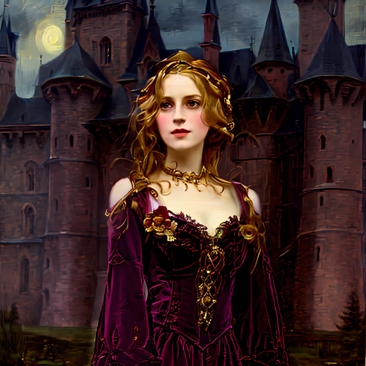 A woman in a burgundy dress stands in front of the castle, Butter, acrylic,  in the style of Karl Bryullov, Borovikovsky, Makovsky, an elegant gothic princess, in a gothic dress, An alluring woman, Dressed in a burgundy dress, dressed in a medieval lacy, Beautiful female queen, SVG anti-aliasing