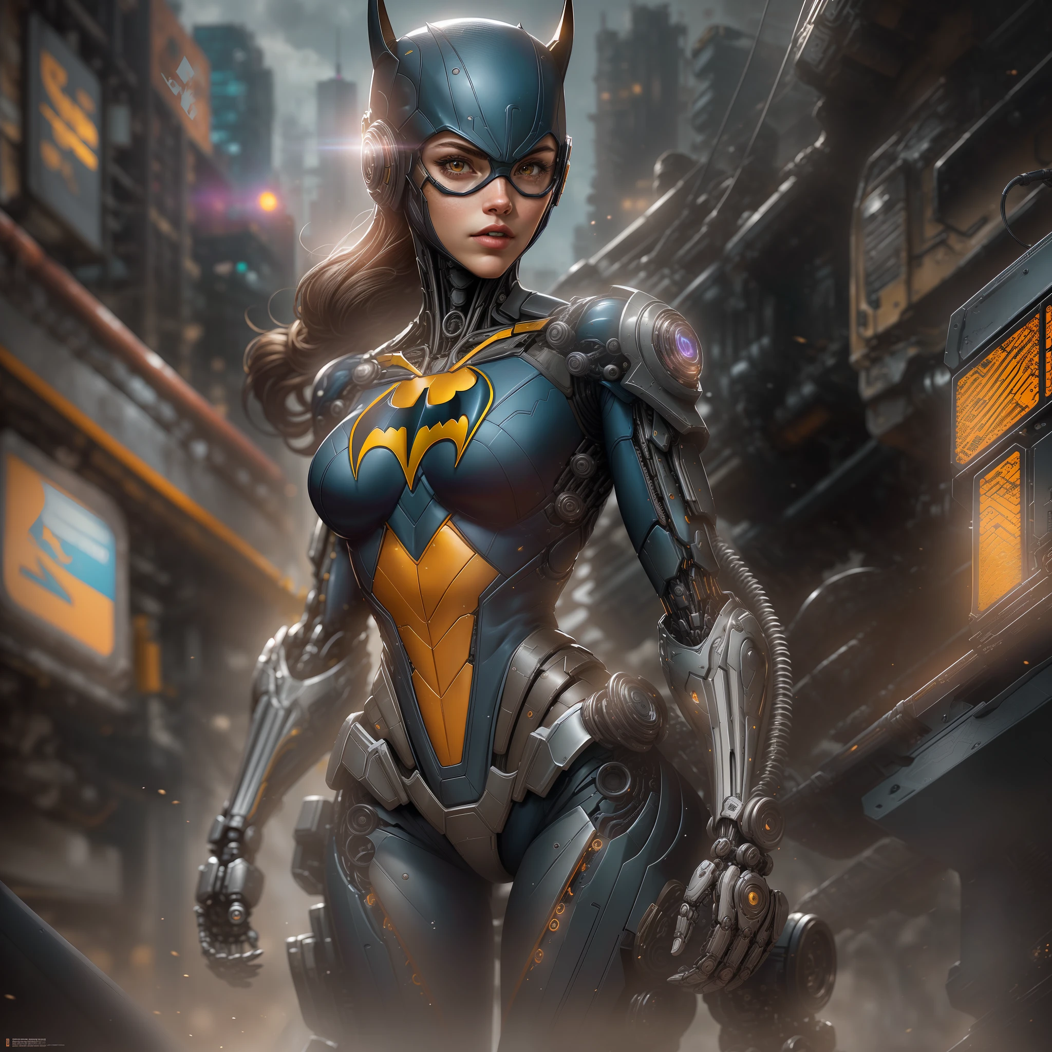 "Hyperrealistic rendering of Batgirl, showcasing her biomechanical suit with intricate robotic details. The composition should emphasize her full figure, with clean and precise lines. The overall visual style should incorporate a cyberpunk aesthetic, reminiscent of a masterpiece featured on Zbrush Central."