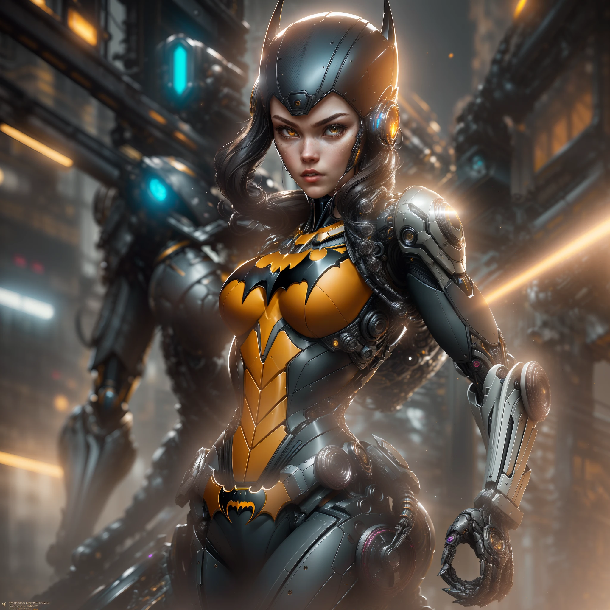 "Hyperrealistic rendering of Batgirl, showcasing her biomechanical suit with intricate robotic details. The composition should emphasize her full figure, with clean and precise lines. The overall visual style should incorporate a cyberpunk aesthetic, reminiscent of a masterpiece featured on Zbrush Central."