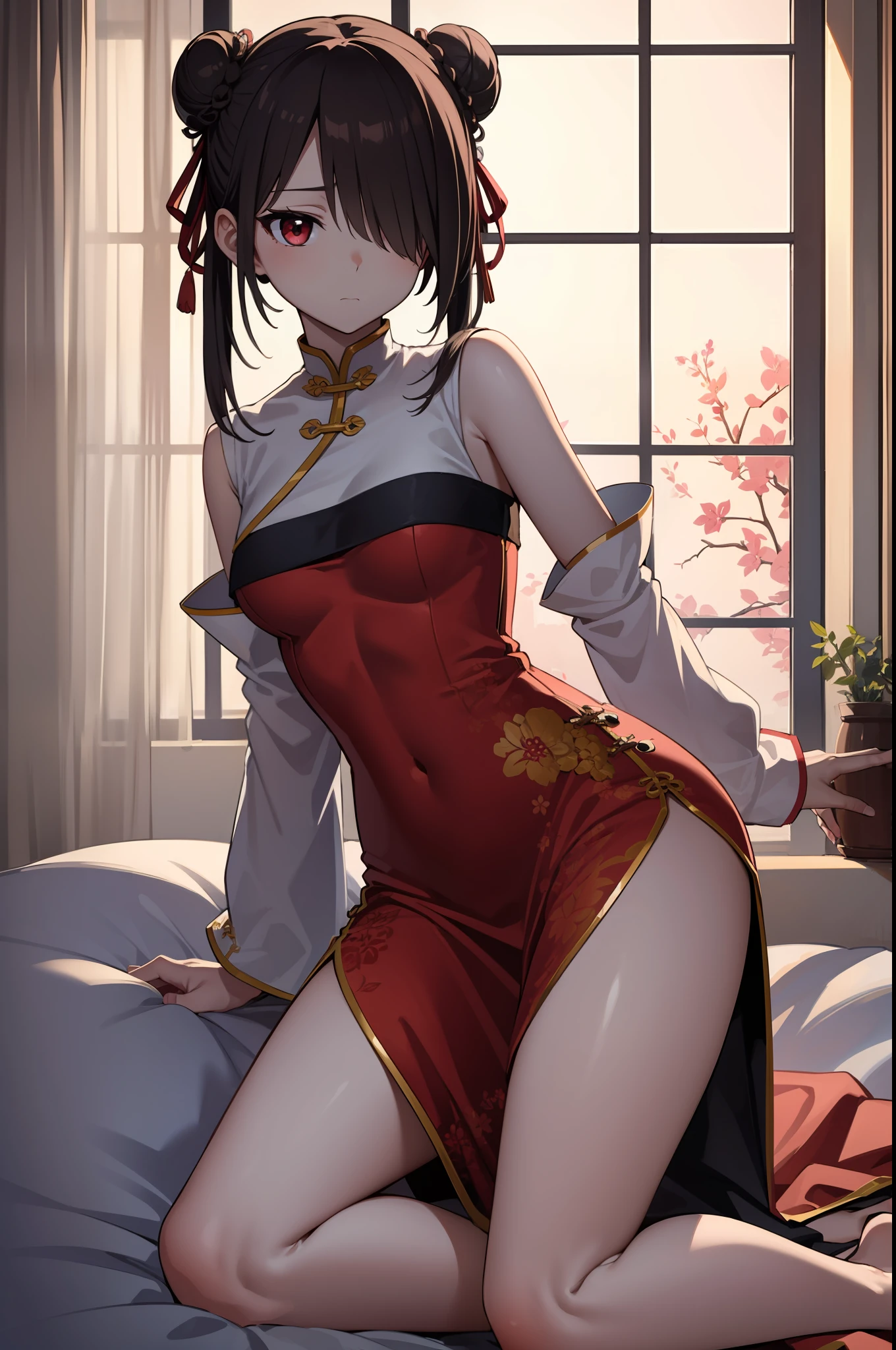 Kurosaki， Kurumi tokisaki， brunette color hair， Low Twin Tails， ChineseGirl，（Hair above one eye：1.5）， （red eyes：1.2）， （little breast：1.2）， Break bare shoulders， upper legs， Separate the sleeves， hair-bun， double bun hair， Chinese clothes， Porcelain dress， BREAK LOOKS AT THE AUDIENCE， BREAK indoors， Beds， Bedrooms， BREAK （tmasterpiece：1.2）， best qualtiy， A high resolution， Unity 8k壁紙， （illustratio：0.8）， （Beautiful detail eyes：1.6）， Extremely detailed face，Perfect lighting，extremely detremely detailed CG，（perfect hand，perfect anatomia），on cheongsam，mature，A MILF。