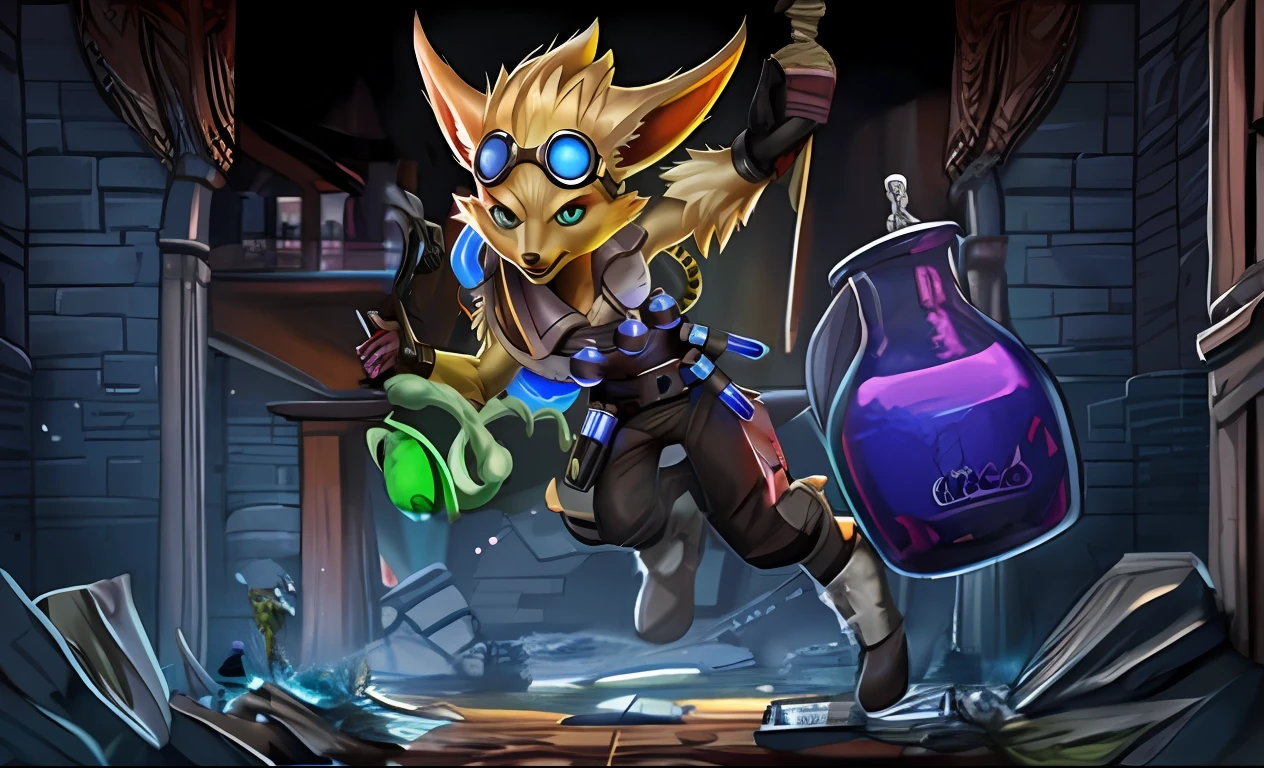 Wallpaper, pip, paladins, estilo de ART do jogo paladins, feneco, pip, alquimista trapceiro, ussando botas preta, pose de combate, Destruction in the Senate, Chickens on the set, A mysterious entity in the senary staring at the pip, uma calda grande de feneco, luvas pretas, cure Potion
