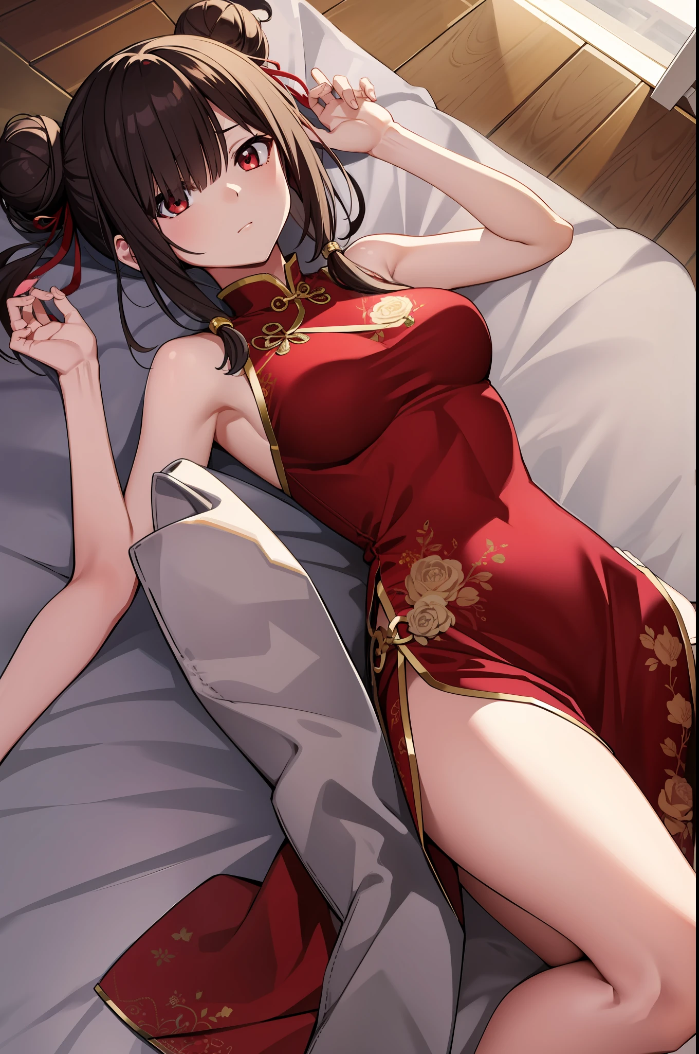 Kurosaki， Kurumi tokisaki， brunette color hair， Low Twin Tails， ChineseGirl，（Hair above one eye：1.5）， （red eyes：1.2）， （little breast：1.2）， Break bare shoulders， upper legs， Separate the sleeves， hair-bun， double bun hair， Chinese clothes， Porcelain dress， BREAK LOOKS AT THE AUDIENCE， BREAK indoors， Beds， Bedrooms， BREAK （tmasterpiece：1.2）， best qualtiy， A high resolution， Unity 8k壁紙， （illustratio：0.8）， （Beautiful detail eyes：1.6）， Extremely detailed face，Perfect lighting，extremely detremely detailed CG，（perfect hand，perfect anatomia），on cheongsam，mature，A MILF。