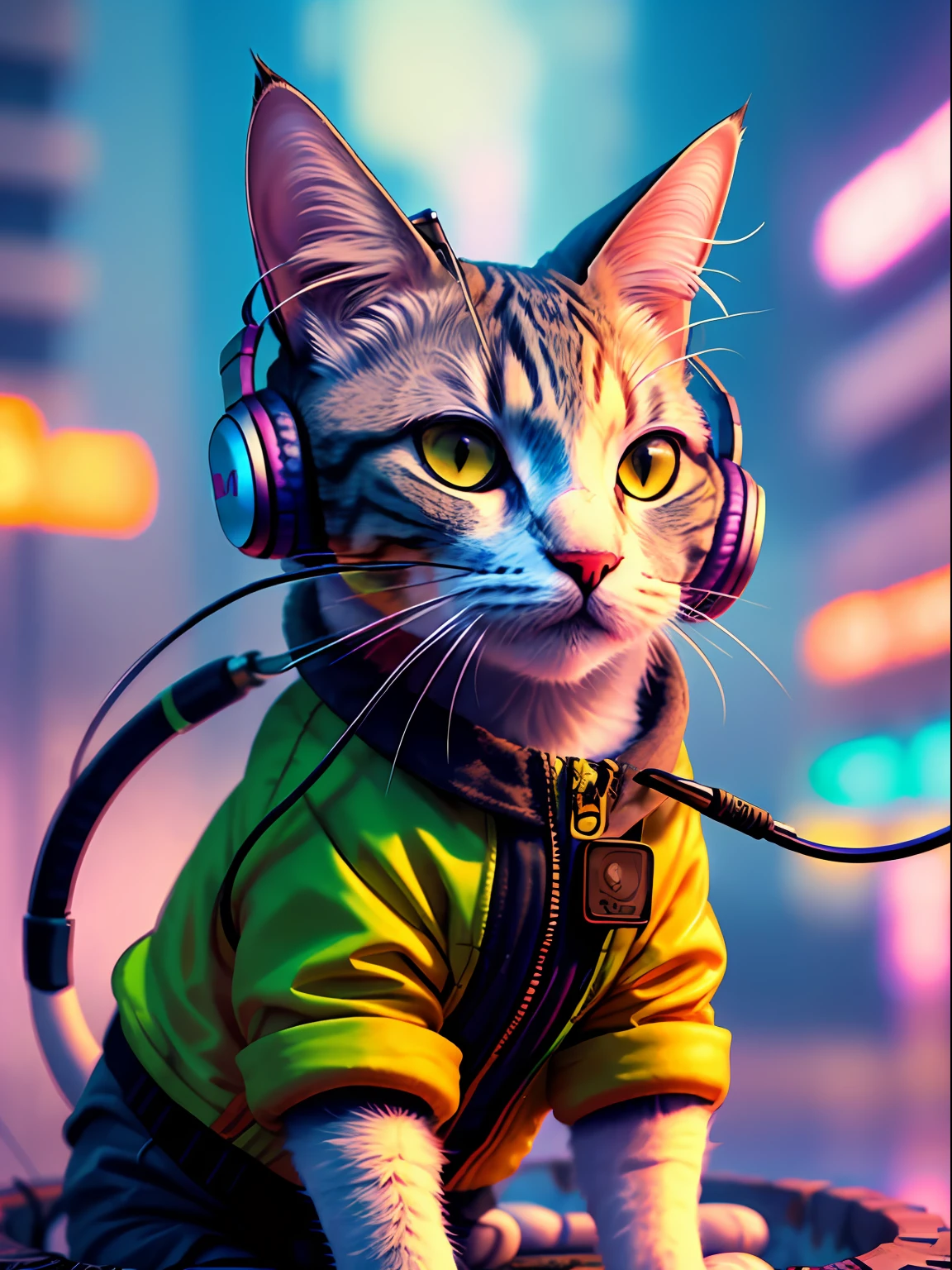 A cat with headphones and a jacket is sitting on a large lily leaf in a fountain. Cyberpunk and post-Soviet modernism  style themed. closeup view, neon lights., Pop art, Pixar, three sided view, UHD, anatomically correct, textured skin, super detail, high quality, 4K