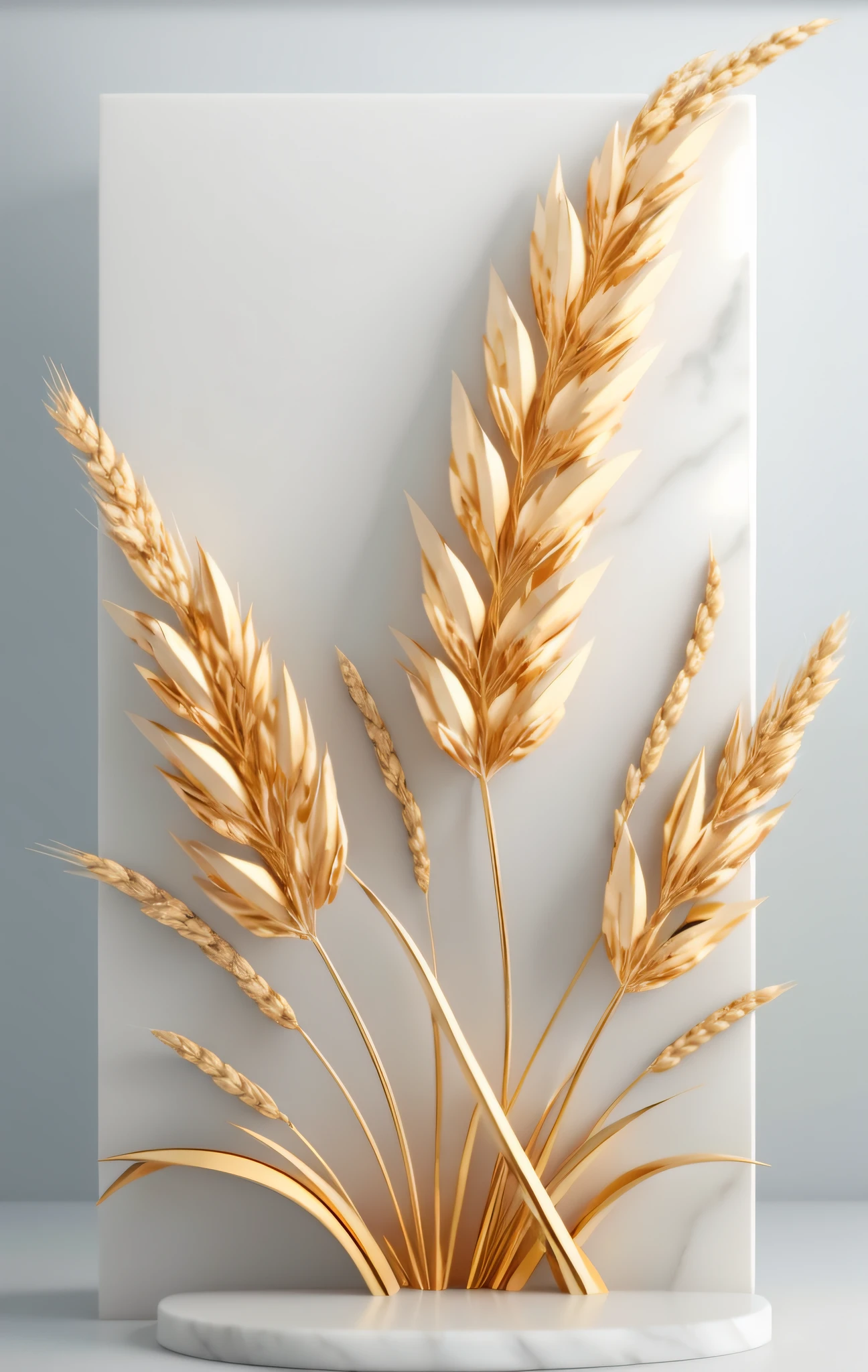 There are some stalks of wheat on a marble slab on a table, hyperdetailed crisp render, white marble and gold, ouro realista, tons de ouro exibir naturalmente, ouro, toques de folha de ouro, high grain, high-quality render, colheita, natural realistic render, Grain effect, crisp detailed 3 d render, folhas de ouro, esquema de cores branco e dourado, Penas douradas --auto