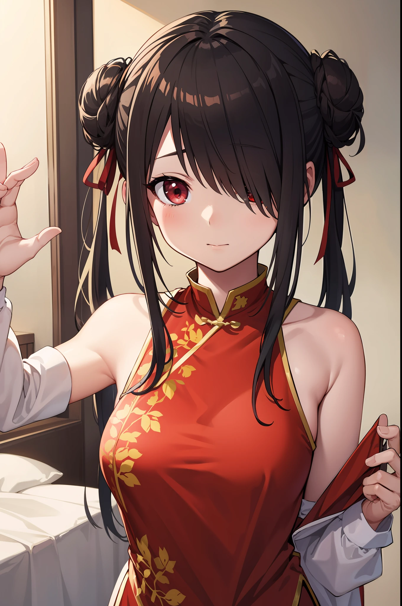 Kurosaki， Kurumi tokisaki， brunette color hair， Low Twin Tails， ChineseGirl，（Hair above one eye：1.5）， （red eyes：1.2）， （little breast：1.2）， Break bare shoulders， upper legs， Separate the sleeves， hair-bun， double bun hair， Chinese clothes， Porcelain dress， BREAK LOOKS AT THE AUDIENCE， BREAK indoors， Beds， Bedrooms， BREAK （tmasterpiece：1.2）， best qualtiy， A high resolution， Unity 8k壁紙， （illustratio：0.8）， （Beautiful detail eyes：1.6）， Extremely detailed face，Perfect lighting，extremely detremely detailed CG，（perfect hand，perfect anatomia），on cheongsam，mature，A MILF。