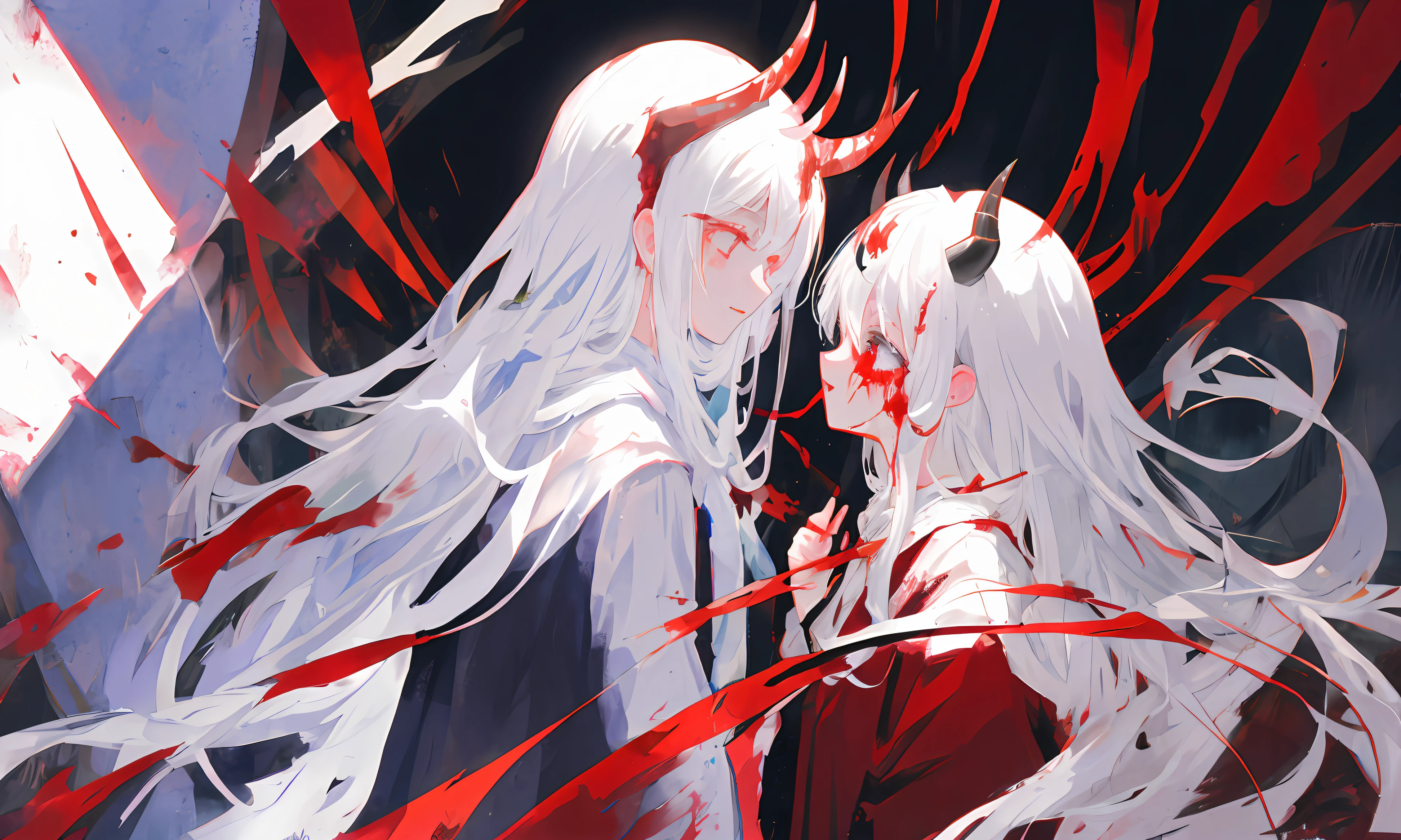 Two-dimensional white-haired ghost girl。A pair of ghost horns grow on the head。Covered in blood。komono。