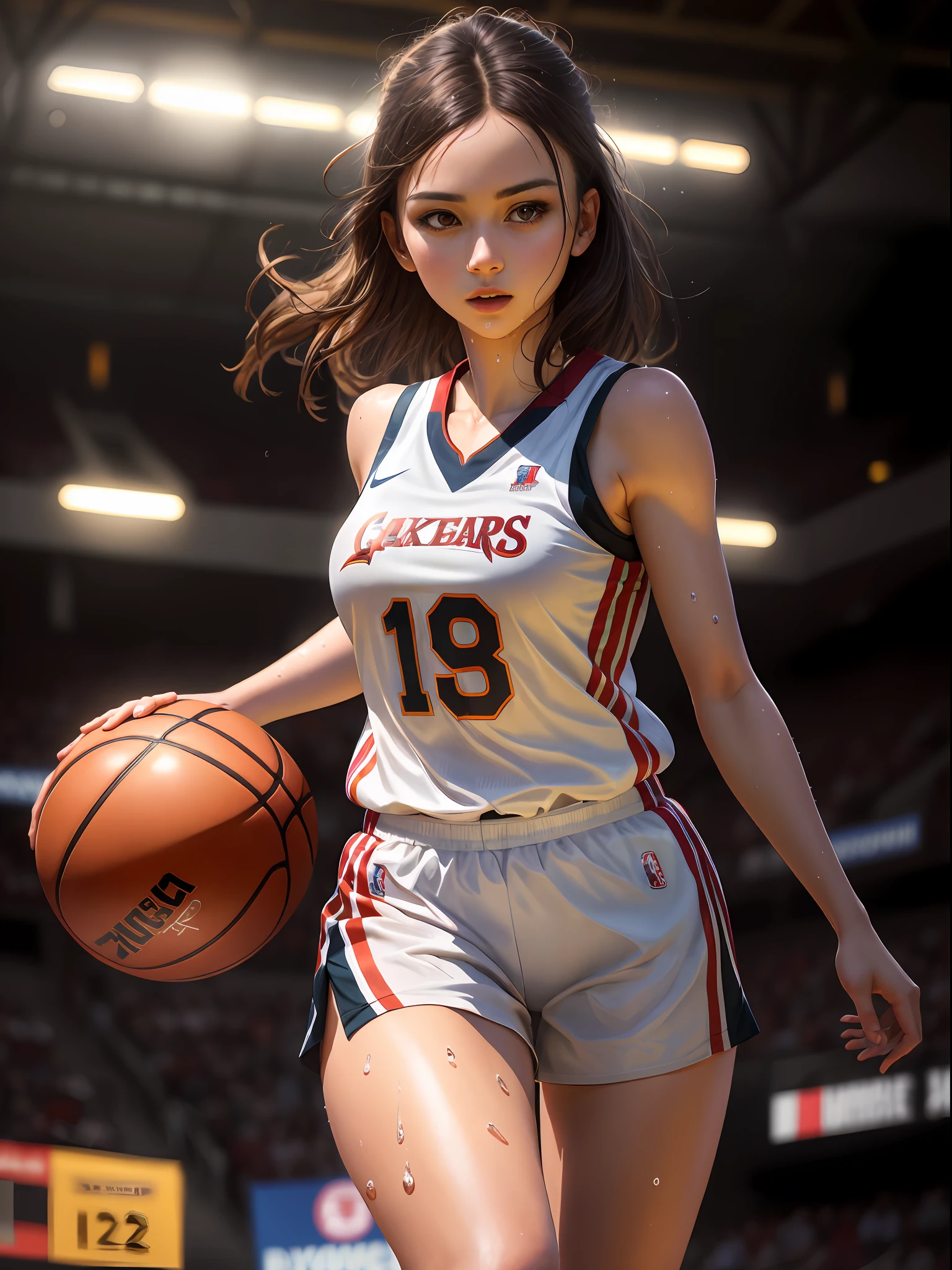 ((masterpiece)),((high resolution)), dramatic lighting, sharp focus, 16k uhd,
super realistic illustlation,1beautiful girl,basketball uniform,age girl,small face,large breasts, narrow waist,nice legs,wet skins sweat,in basketball venue,dynamic shot