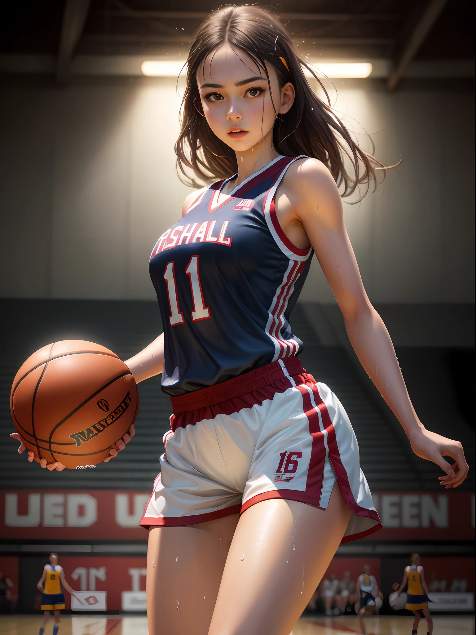 ((masterpiece)),((high resolution)), dramatic lighting, sharp focus, 16k uhd,
super realistic illustlation,1beautiful girl,basketball uniform,age girl,small face,large breasts, narrow waist,nice legs,wet skins sweat,in basketball venue,dynamic shot
