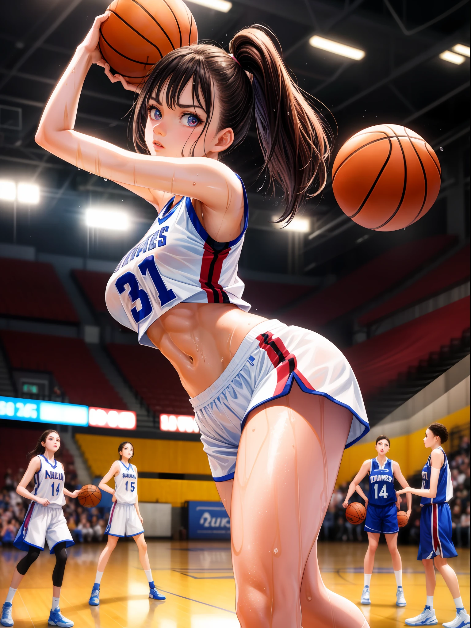 ,((masterpiece)),((high resolution)), dramatic lighting,  sharp focus,  16k uhd,
super realistic illustlation,1beautiful girl,basketball uniform,age girl,Symmetrical big eyes,small face,large breasts, tone abs,wet skins sweat,nice legs,in basketball venue,dynamic shot