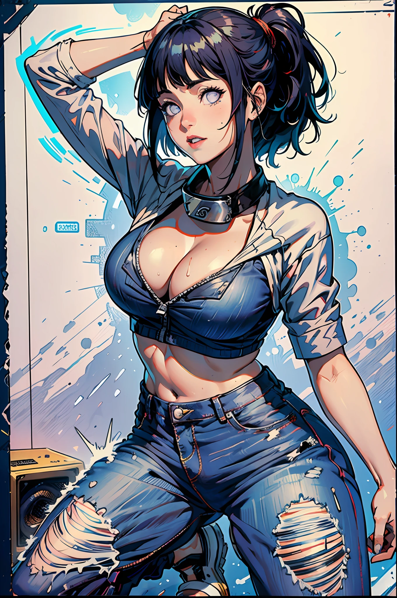 (Hinata Hyuga, muito sensual, com roupas de funkeira, brasileira, rio de janeiro, dancing funk, rebolando, grande, pernas grossas, usando um short jeans extremamente curto, usando uma mini blusa, umbigo com pirsing, sneakers Nike, cabelo grande, Speaker behind, muito realista, extremamente sexy, 8k extremamente detalhado), (um extremamente delicado e bonito), (obra-prima), (melhor qualidade: 1.0), (ultra highres:1.0)