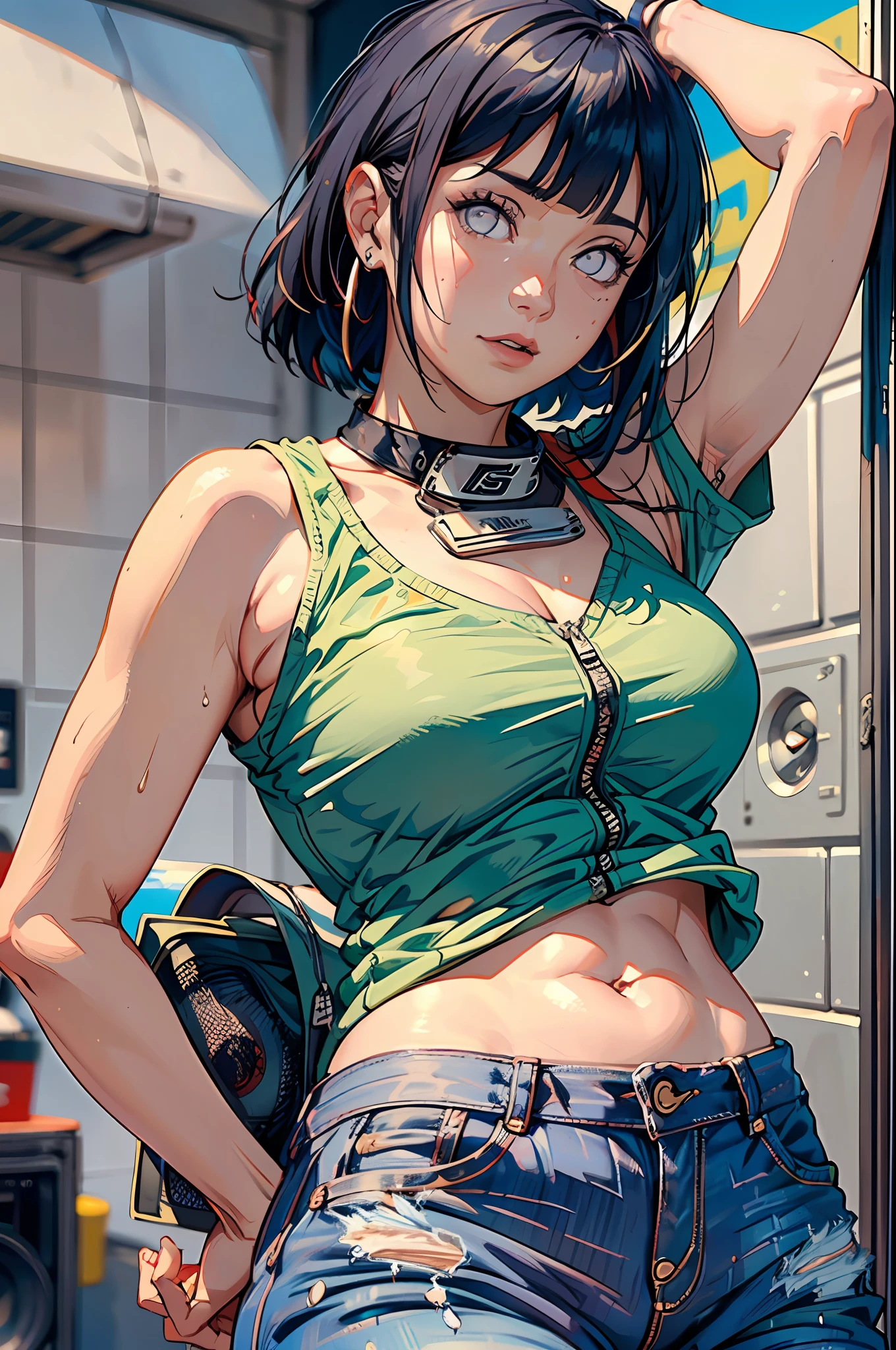 (Hinata Hyuga, muito sensual, com roupas de funkeira, brasileira, rio de janeiro, dancing funk, rebolando, bunda grande, pernas grossas, usando um short jeans extremamente curto, usando uma mini blusa, umbigo com pirsing, sneakers Nike, cabelo grande, Speaker behind, muito realista, extremamente sexy, 8k, 8k extremamente detalhado), (um extremamente delicado e bonito), (obra-prima), (melhor qualidade: 1.0), (ultra highres:1.0)