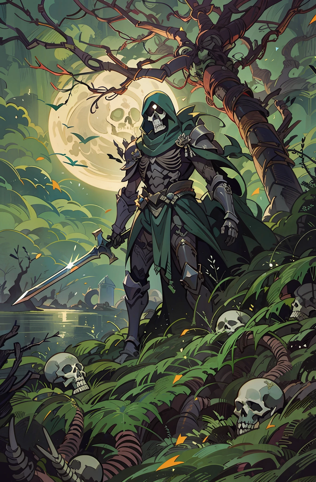 best image quality, masterpiece, super high resolution, BREAK "Imagine a chilling scene of a skeleton warrior standing atop an ancient tomb, shrouded in the eerie glow of the full moon. The warrior is adorned in ancient armor, rusted with age and battle-worn, with a helm that glints ominously in the moonlight. BREAK In one hand, the warrior holds a wickedly sharp sword, while the other hand is outstretched, as if beckoning you closer. The tomb beneath the skeleton is ornately decorated, with intricate carvings of snakes and skulls etched into the stone. BREAK The air is thick with the scent of decay and ancient magic, as if the tomb itself is alive with dark power. The skeleton warrior’s eyes glow with an otherworldly light, and you can almost feel the weight of its gaze upon you. BREAK In the background, the silhouette of a haunted forest looms, with twisted trees and gnarled branches reaching up to the sky like skeletal fingers. The tomb itself is perched on a cliff overlooking a raging sea, the waves crashing against the rocks far below. BREAK This image captures the essence of dark fantasy and conjures up a sense of foreboding, as if the skeleton warrior is a harbinger of doom, standing guard over the secrets buried within the ancient tomb." aquatic, underworld