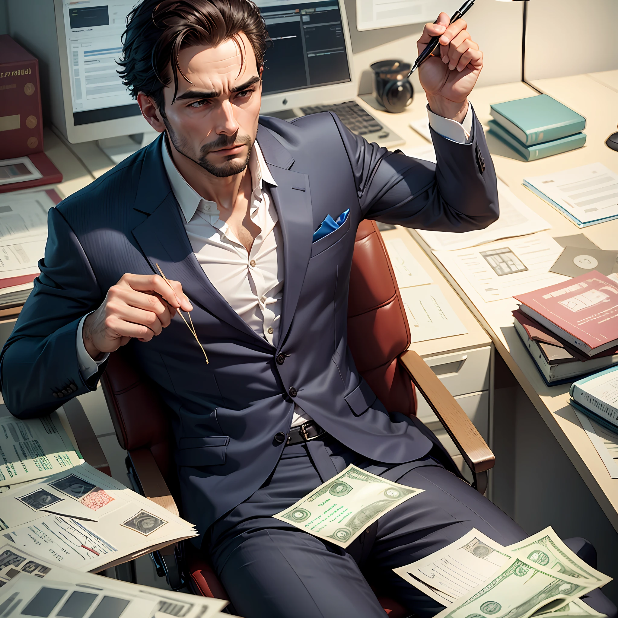 man in a suit in the office with a pile of money realistic --auto