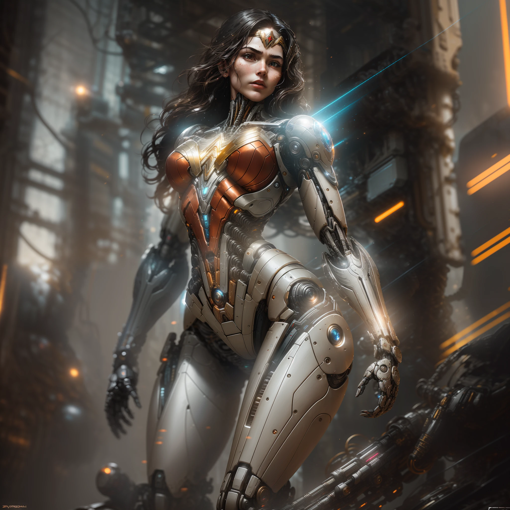 "Hyperrealistic rendering of Wonder Woman, showcasing her biomechanical suit with intricate robotic details. The composition should emphasize her full figure, with clean and precise lines. The overall visual style should incorporate a cyberpunk aesthetic, reminiscent of a masterpiece featured on Zbrush Central."