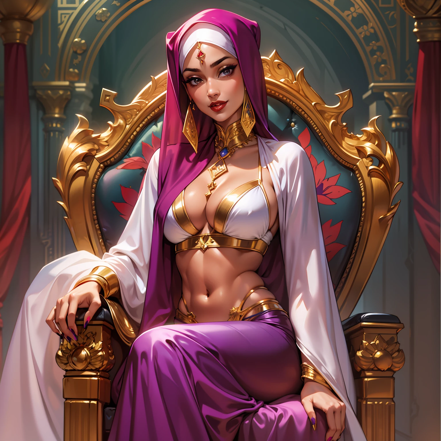 1girl, Arabian, wearing a luxurious silk Hijab, vibrant purple bikini, elegantly manicured nails, white stockings, captivating red lips, ample bosom with flawless proportions, seated gracefully on a gilded throne, exuding confidence with a captivating smile, making eye contact with the viewer