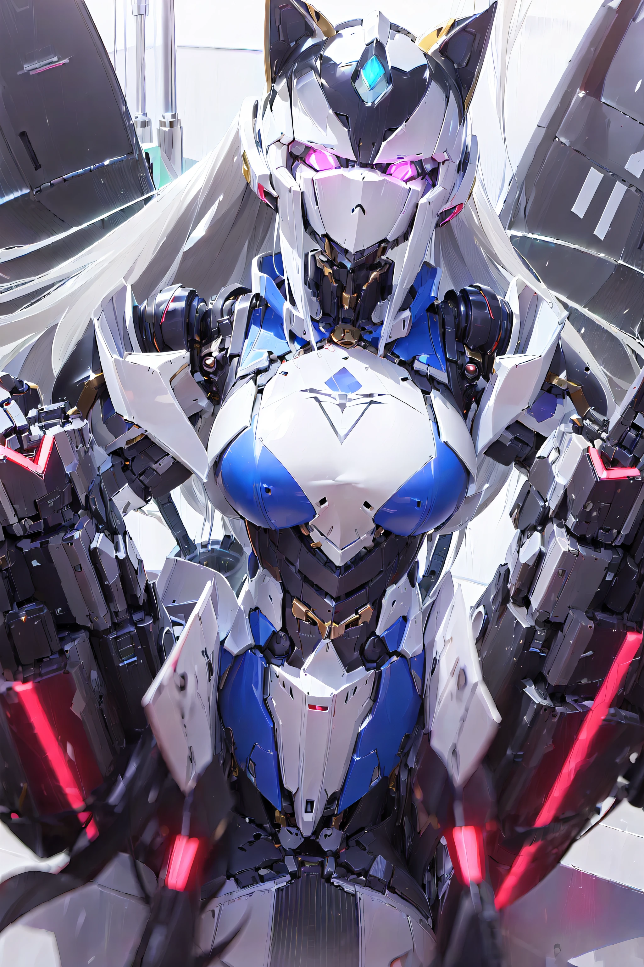 ((masterpiece)), a  (robot:1.6) with sleek and menacing design, glowing eyes, long hair, asymmetric body, highly detailed, 1girl, love, cute