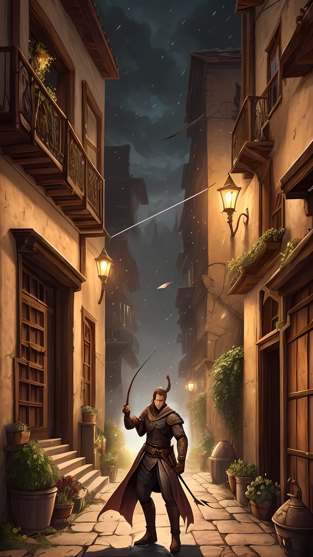 Imagine a cena de DnD, A group of epic heroes trapped in a drunk, Attacked by fanatical cultists, A tiefling archer is across the street and with a sharp arrow hits the archer in the neck, Saving the heroes in the alley. Estilo D&D, DnD, hiper-realista, epic scene --auto