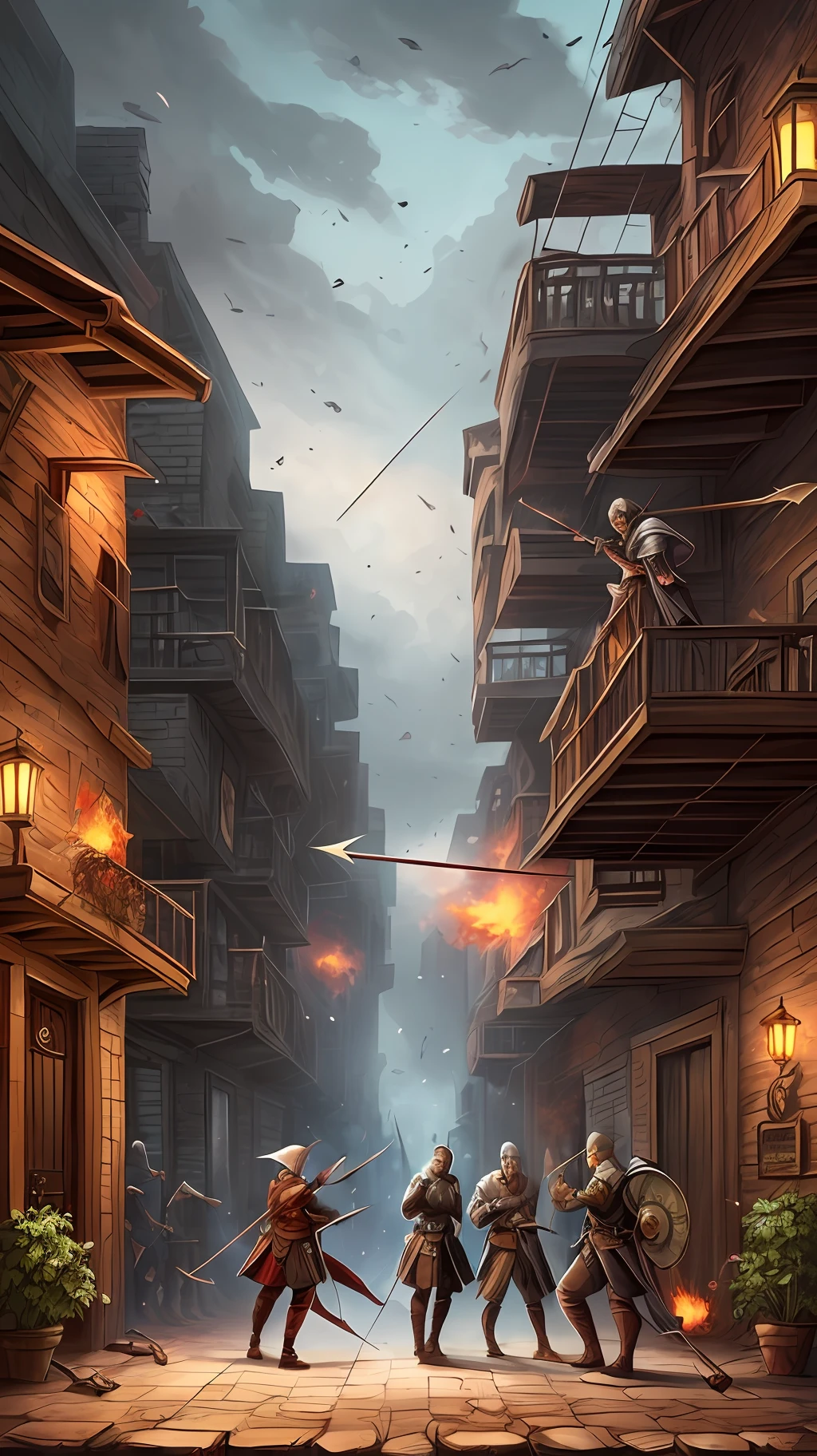 Imagine a cena de DnD, A group of epic heroes trapped in a drunk, Attacked by fanatical cultists, A tiefling archer is across the street and with a sharp arrow hits the archer in the neck, Saving the heroes in the alley. Estilo D&D, DnD, hiper-realista, epic scene --auto