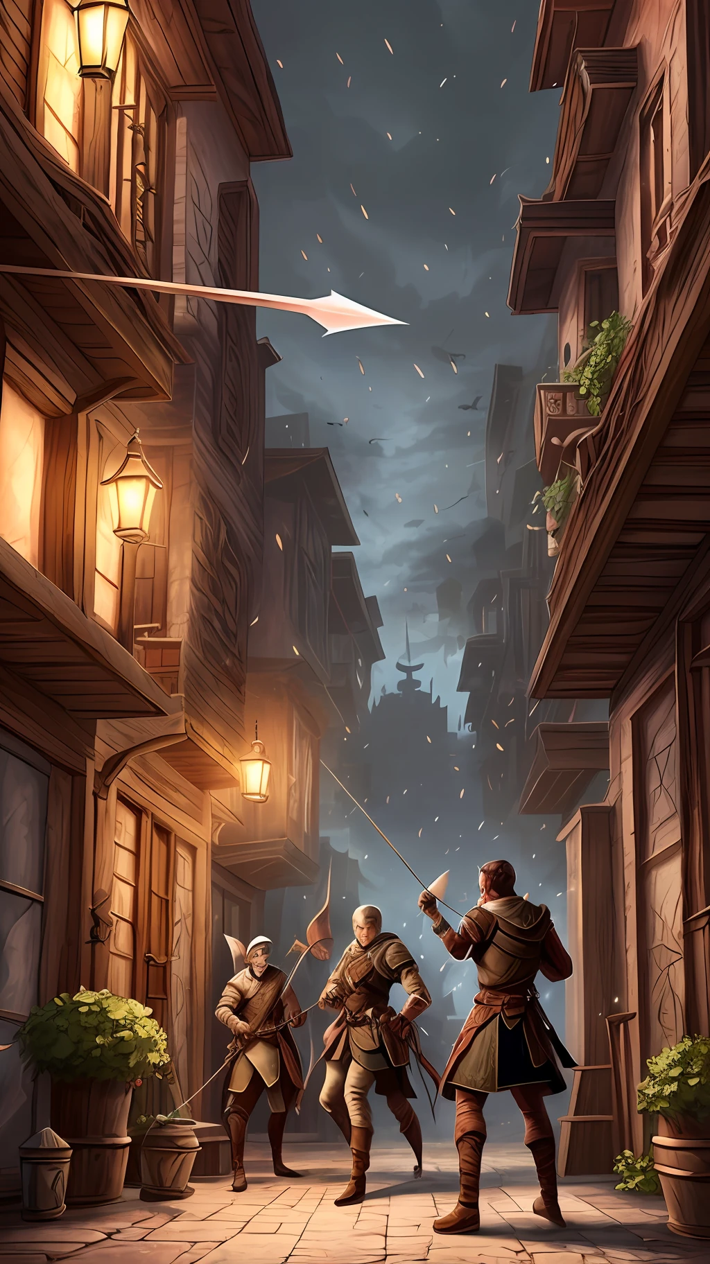 Imagine a cena de DnD, A group of epic heroes trapped in a drunk, Attacked by fanatical cultists, A tiefling archer is across the street and with a sharp arrow hits the archer in the neck, Saving the heroes in the alley. Estilo D&D, DnD, hiper-realista, epic scene --auto