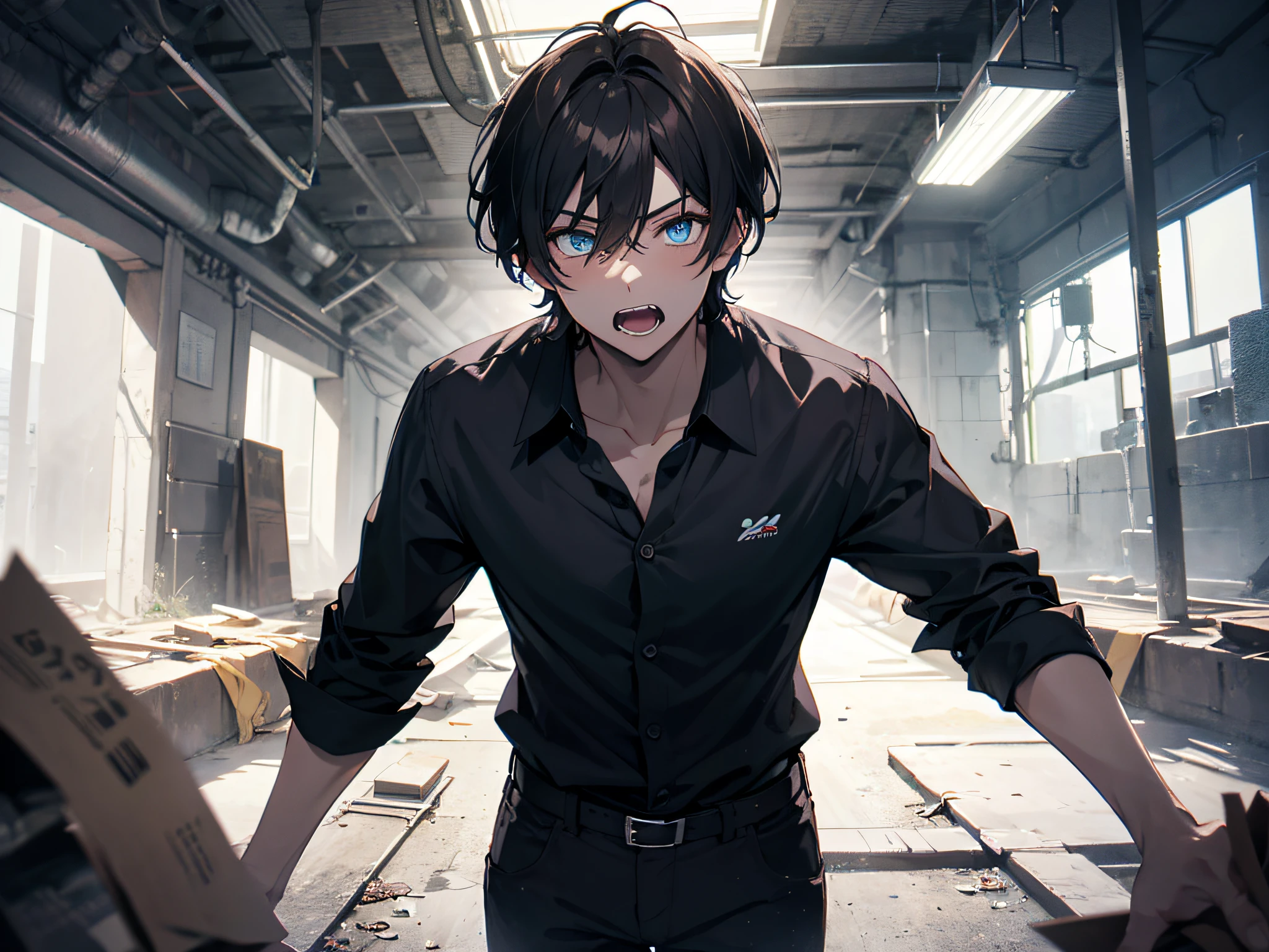 Cartoony,(The boy),Male focus,Dark hair,Blue eyes,Hair is sandwiched between the eyes,looking at viewert,bachelorhood,longer sleeves,short detailed hair,Black shirt,Blackn clothes,(Thought 1.5)(Stand in a dilapidated tunnel1.5)solo person,with her mouth open,The shirt,brunette color hair,white shirt,malefocus,teeth,Multiple boys,glowing light eyes,Run,with light glowing,Scream,collared shir,Shouted,Run away,short detailed hair,exteriors,perspired,looking at viewert,Ogre,buliding,rolled up sleeves,opens his eyes wide,Black shirt