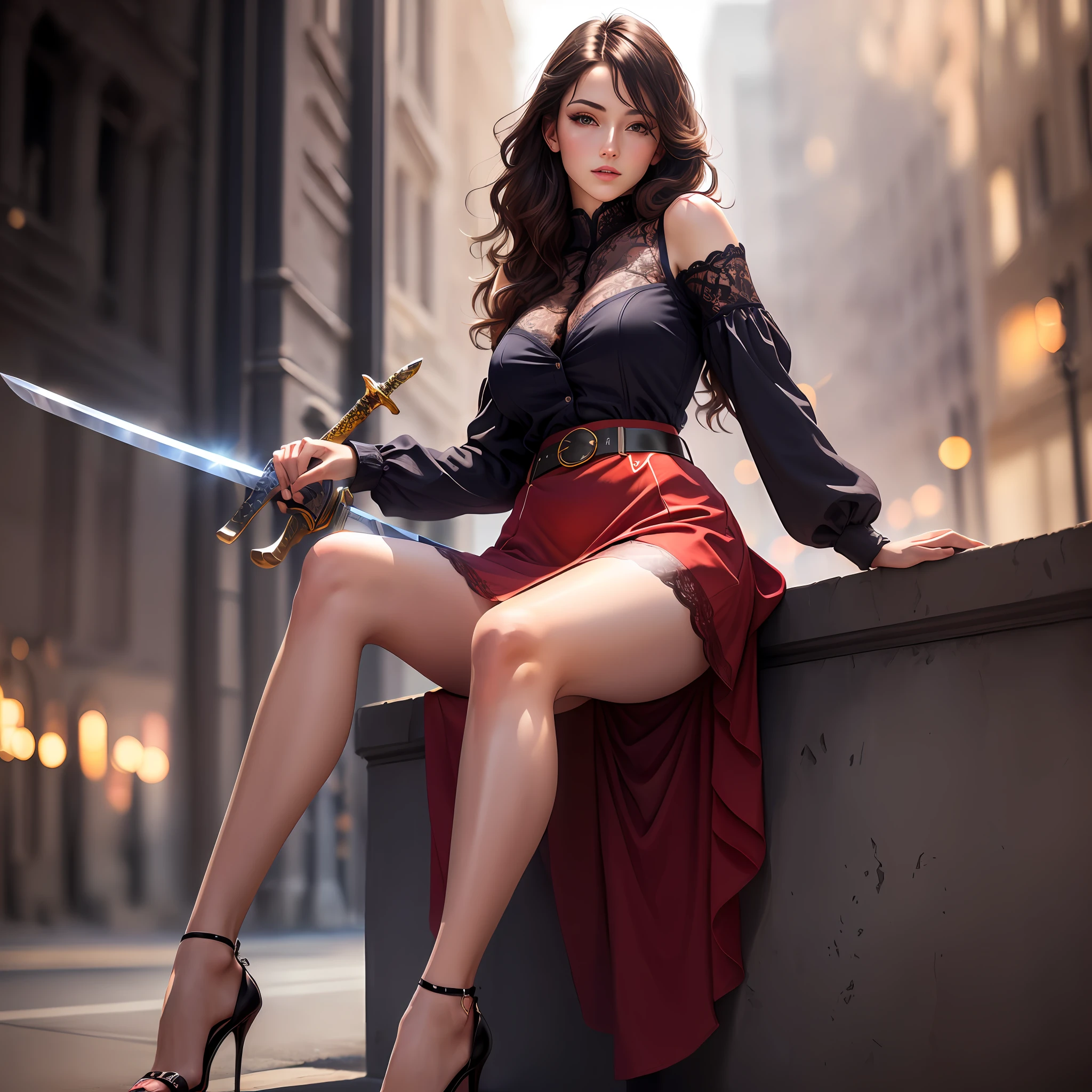 sportswoman, sword belt, Upskirt, in full height, bokeh, photo realism, Lace top, Realistic light, legs crossed, décolleté, high heel, Sateen