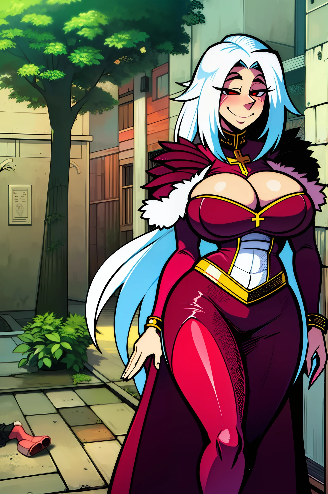 Gothic, huge chest, tall woman, curved, f, long hair, christian, alone, catholic, latin cross,, forest city, plants, walking, smile, smile, ,fur clothes, wizard, medieval, village,tights, portrait, long skirt, long dress, flip-flops, , huge breast, , , 1gir,1character, walking,long skirt, red eyes