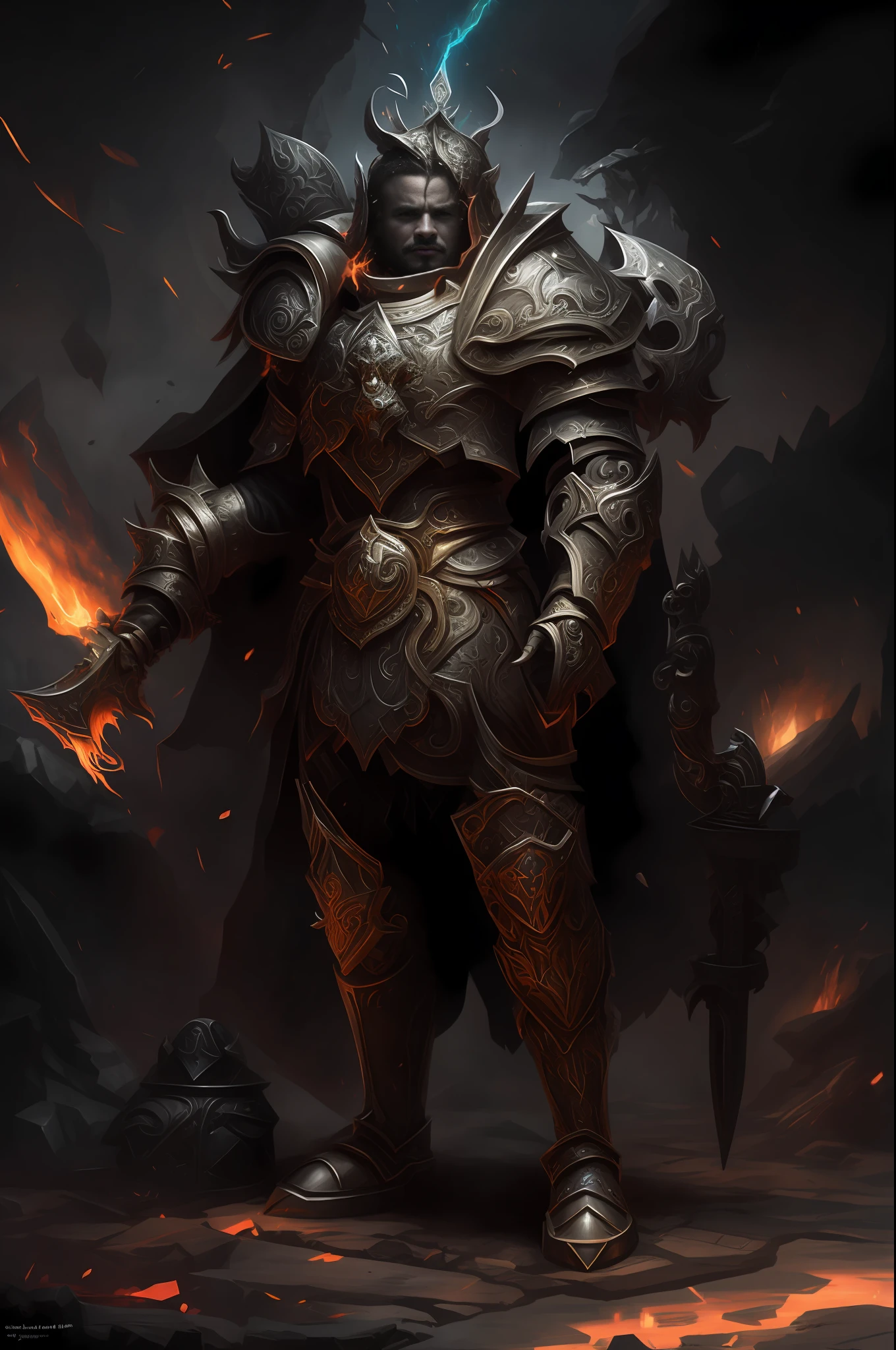 a man in armor holding a hammer and a hammer in his hand, lord of cinder, ares with heavy armor and sword, portrait of emperor of mankind, diablo digital concept art, grimdark paladin, by Roman Bezpalkiv, diablo concept art, by Tadeusz Pruszkówski, death knight, deathknight, dark armor
