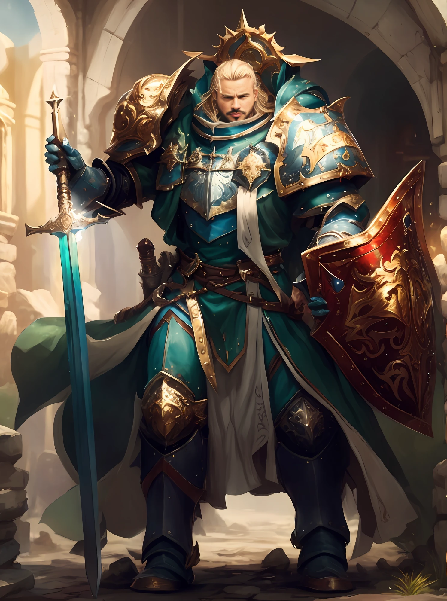 a close up of a man in a blue and white outfit holding a sword, tuomas korpi and wlop, male paladin, fantasy paladin, wojtek fus, holy paladin, a human male paladin, picture of a male cleric, by Aleksander Gine, epic exquisite character art, stunning character art, wlop rossdraws