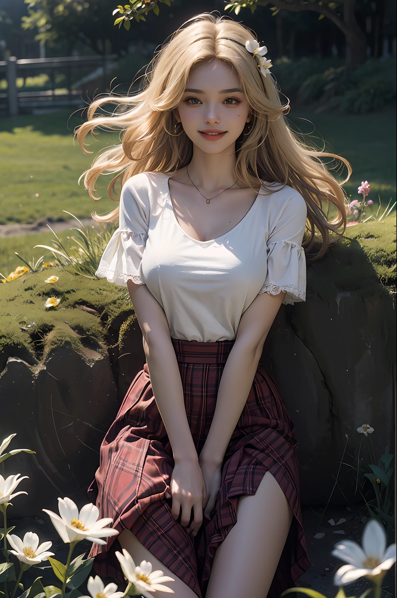 （RAW photos，4K，tmasterpiece，A high resolution，extremly intricate）（realisticlying：1.8），cinematic lighting 1girl， Single focus， Summer noon， thermography， 1990's\（styled\）， outside，（Huge breasts3.8），Blank background，Light blonde hair，ssmile，In a huge flower field，Superskirt，Flower hairpins，big laughter
