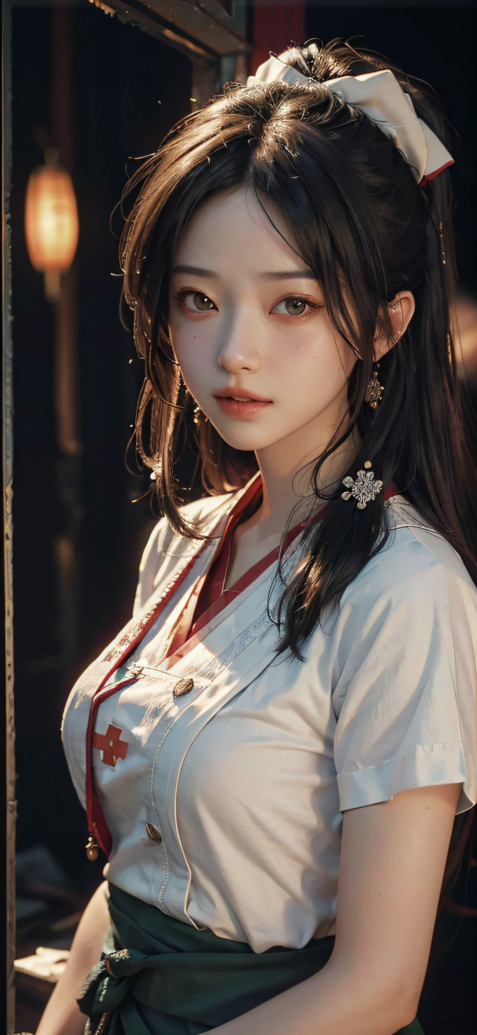 (RAW photo, best quality), (realistic, photo-realistic:1.3), best quality, highly detailed, masterpiece, ultra-detailed, illustration, 1girl, upper_body, dynamic angle, world mastery theater, messy_long_hair,best quality, extremely detailed CG unity 8k壁纸,ink,astounding,电影灯光,lens_flare,dunhuang_Style nurse
