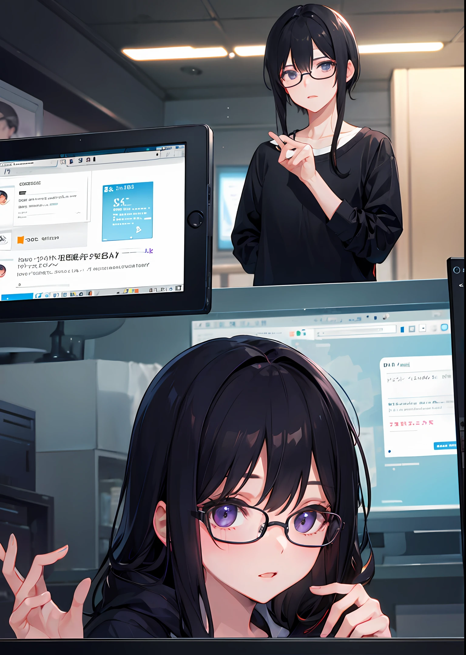 A dark-haired、Long、eye glasses、femele、desktop、