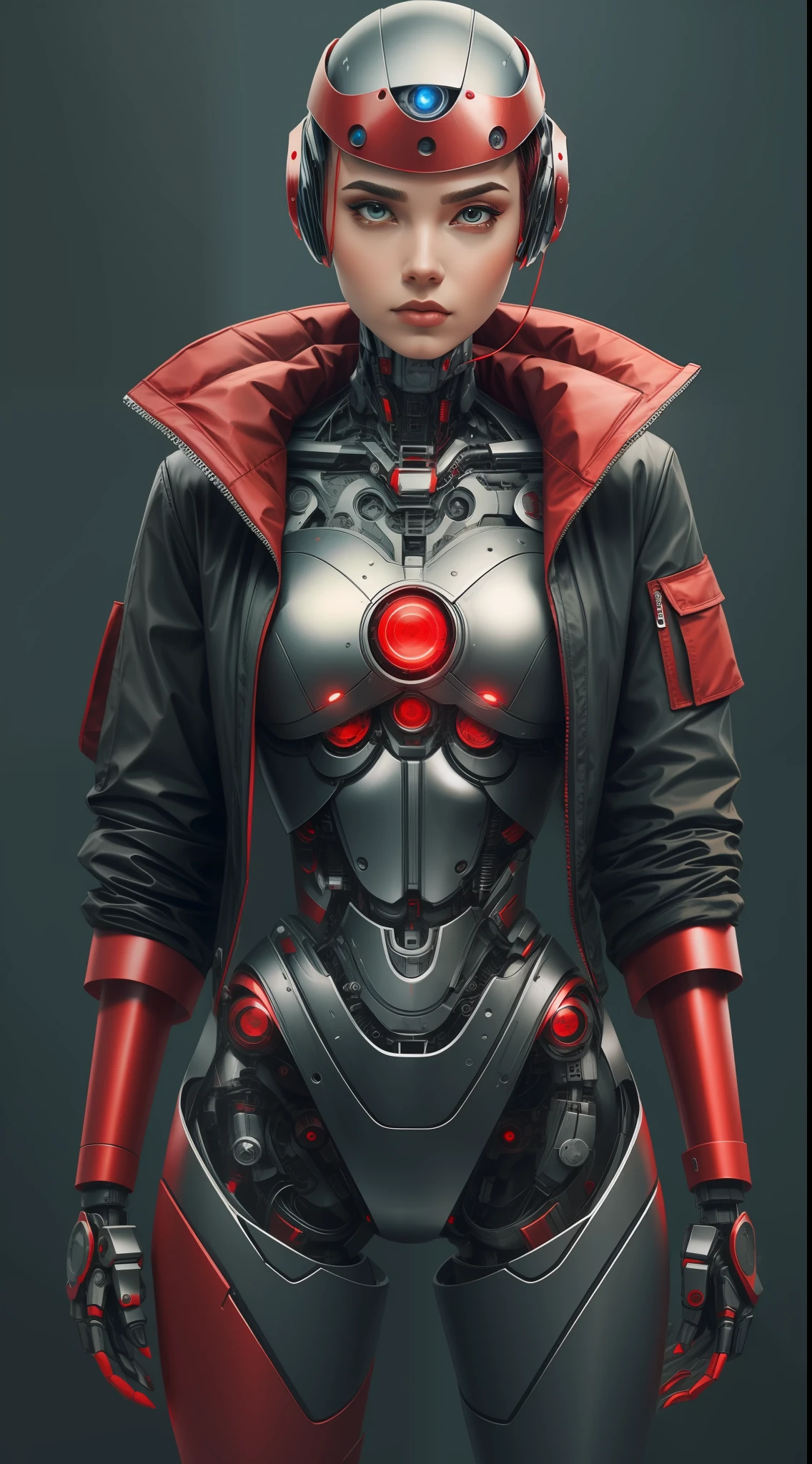 1cyborg woman with robotic arms,red and black jacket,minimalist