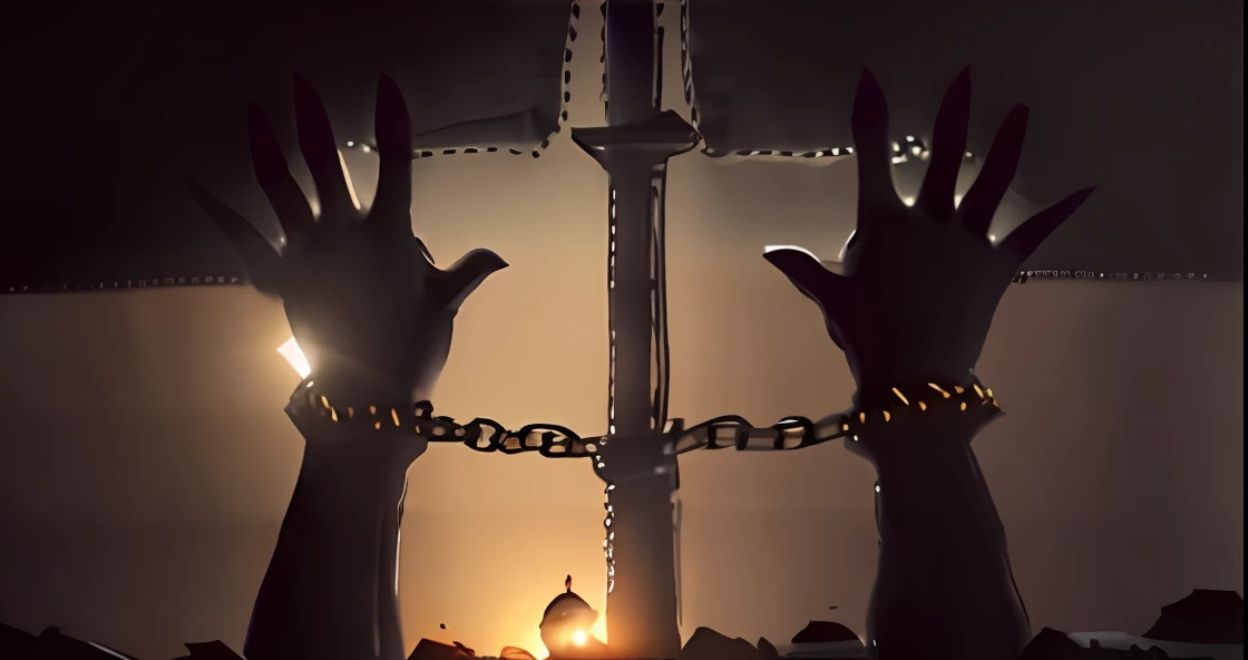 A closeup of two hands chained to a cross, chains broken on hands, dormente em cadeias, salvation, chains on hands, ((Correntes)), cristianismo, shackles in his hands, the the man is wrapped in chains, desafiando a deus, the best lack all conviction, iStockphoto, liberdade, Contido, prisioneiro, Escapar, ego preso, crucifixion