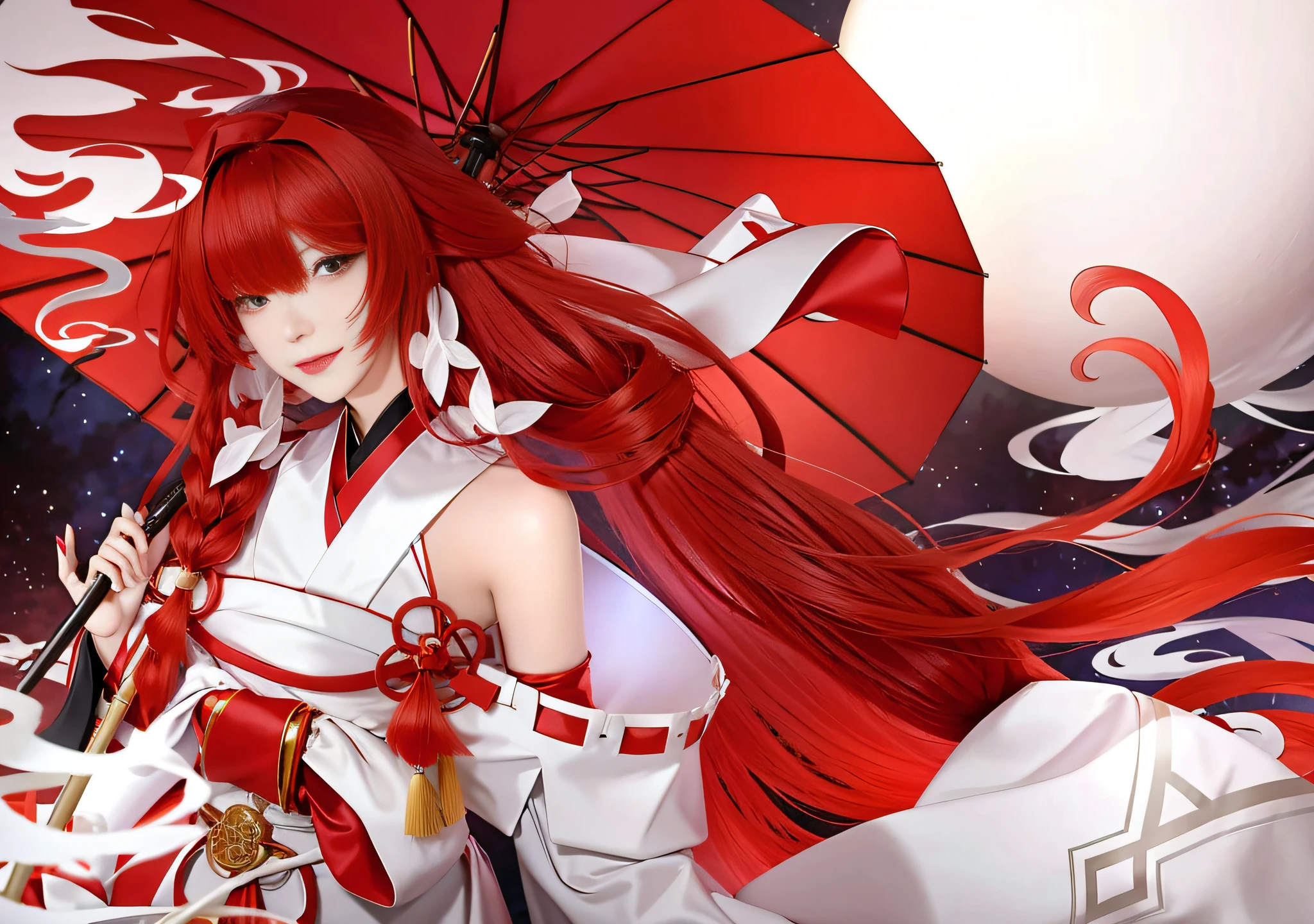 Red hair and red eyes，White Japanese witch costume，With a red oil-paper umbrella，adolable
