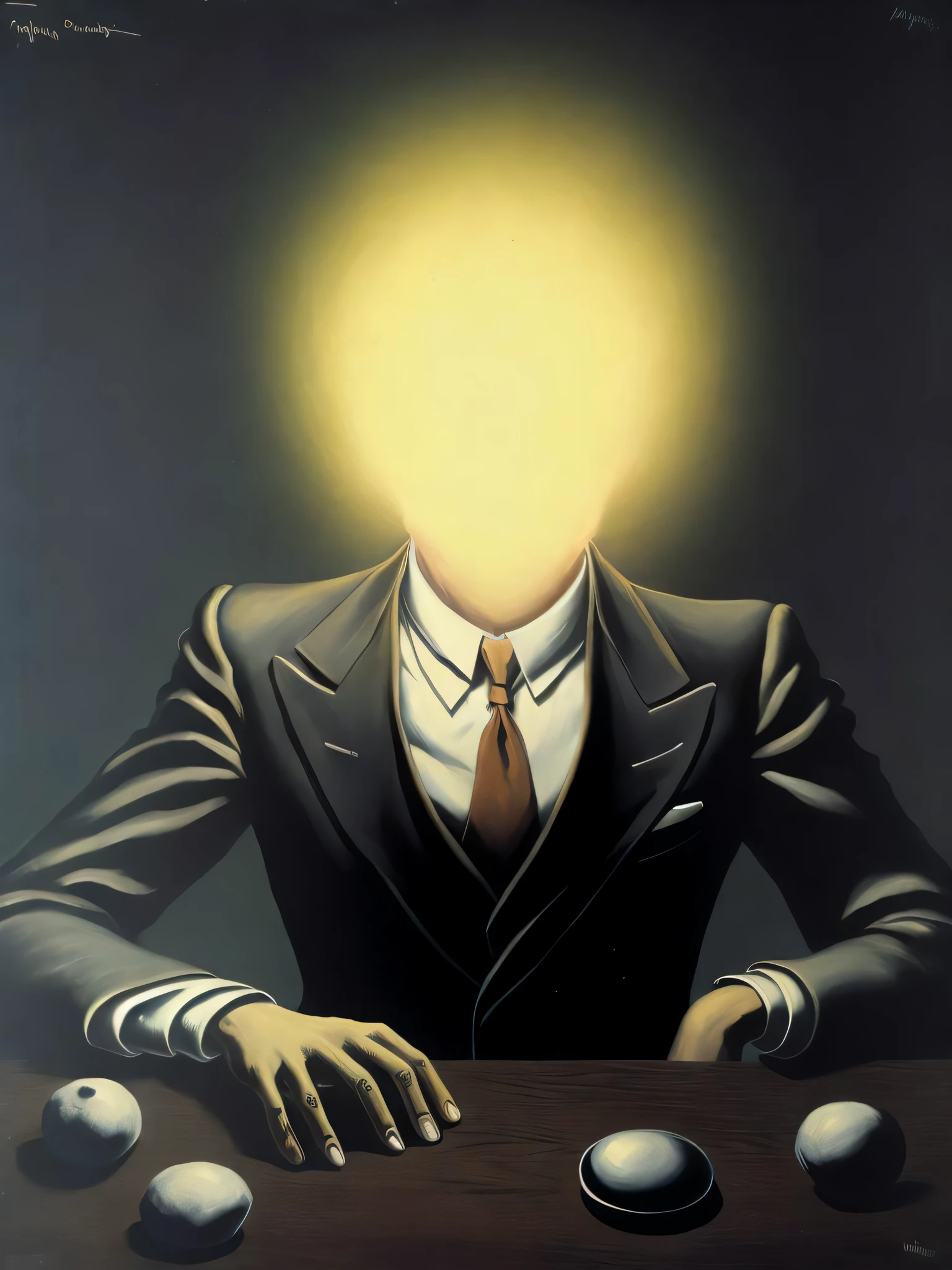 a painting of a man in a suit with a glowing head
